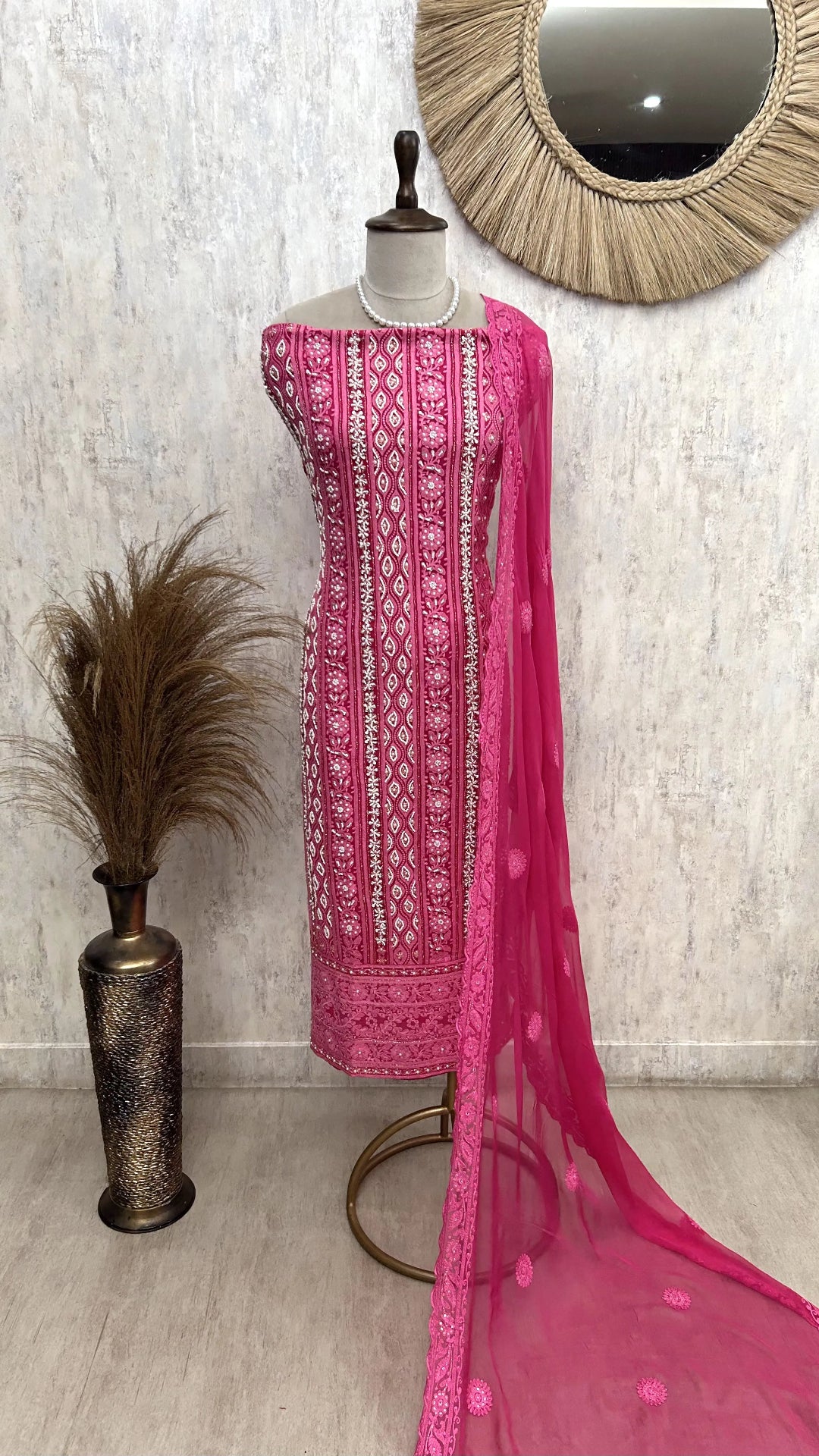 Lucknowi Pearl Work Georgette Unstitched Suit Set