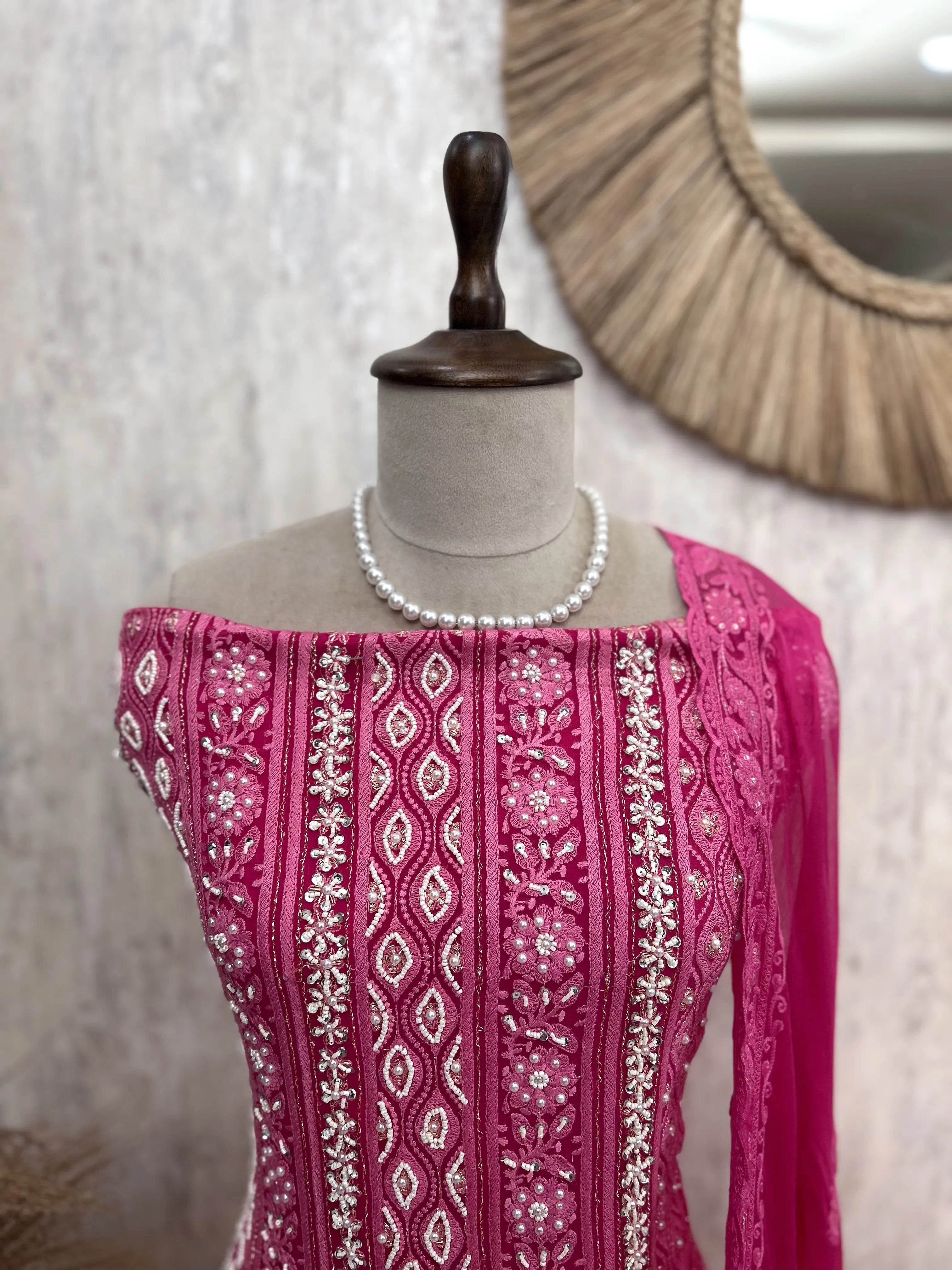Lucknowi Pearl Work Georgette Unstitched Suit Set