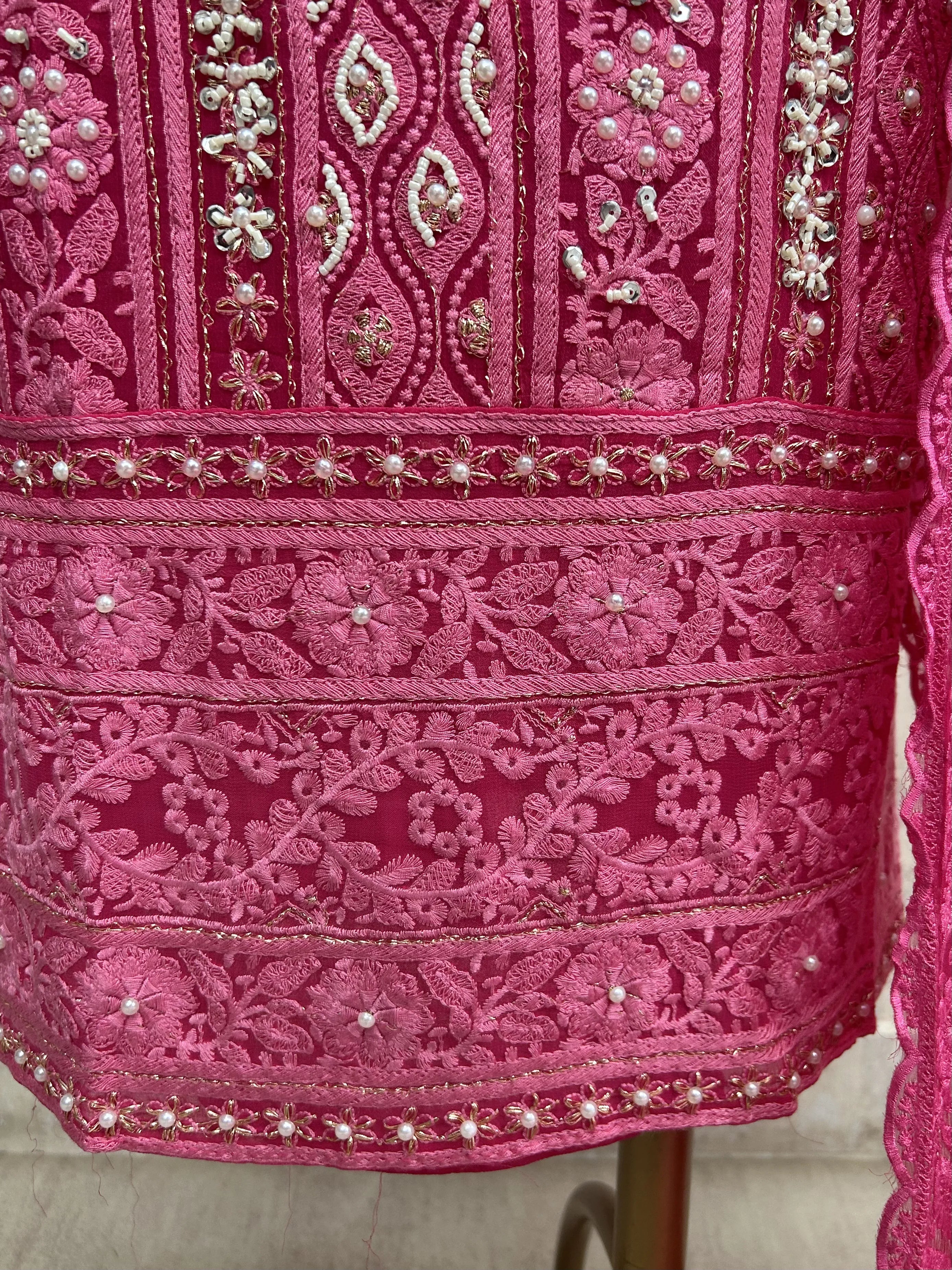 Lucknowi Pearl Work Georgette Unstitched Suit Set