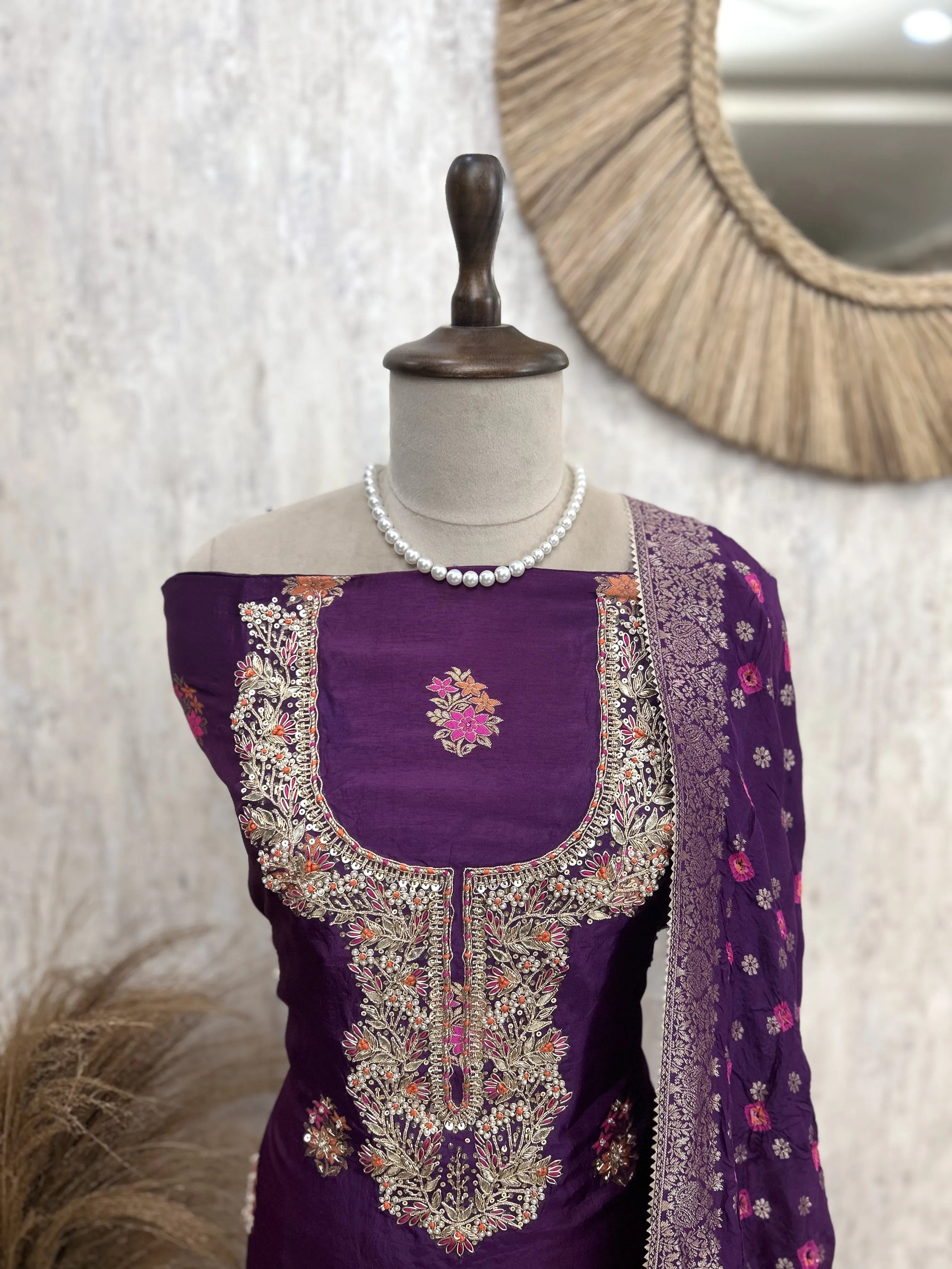 Unstitched Dola Silk Suit Set With Dola Silk Dupatta