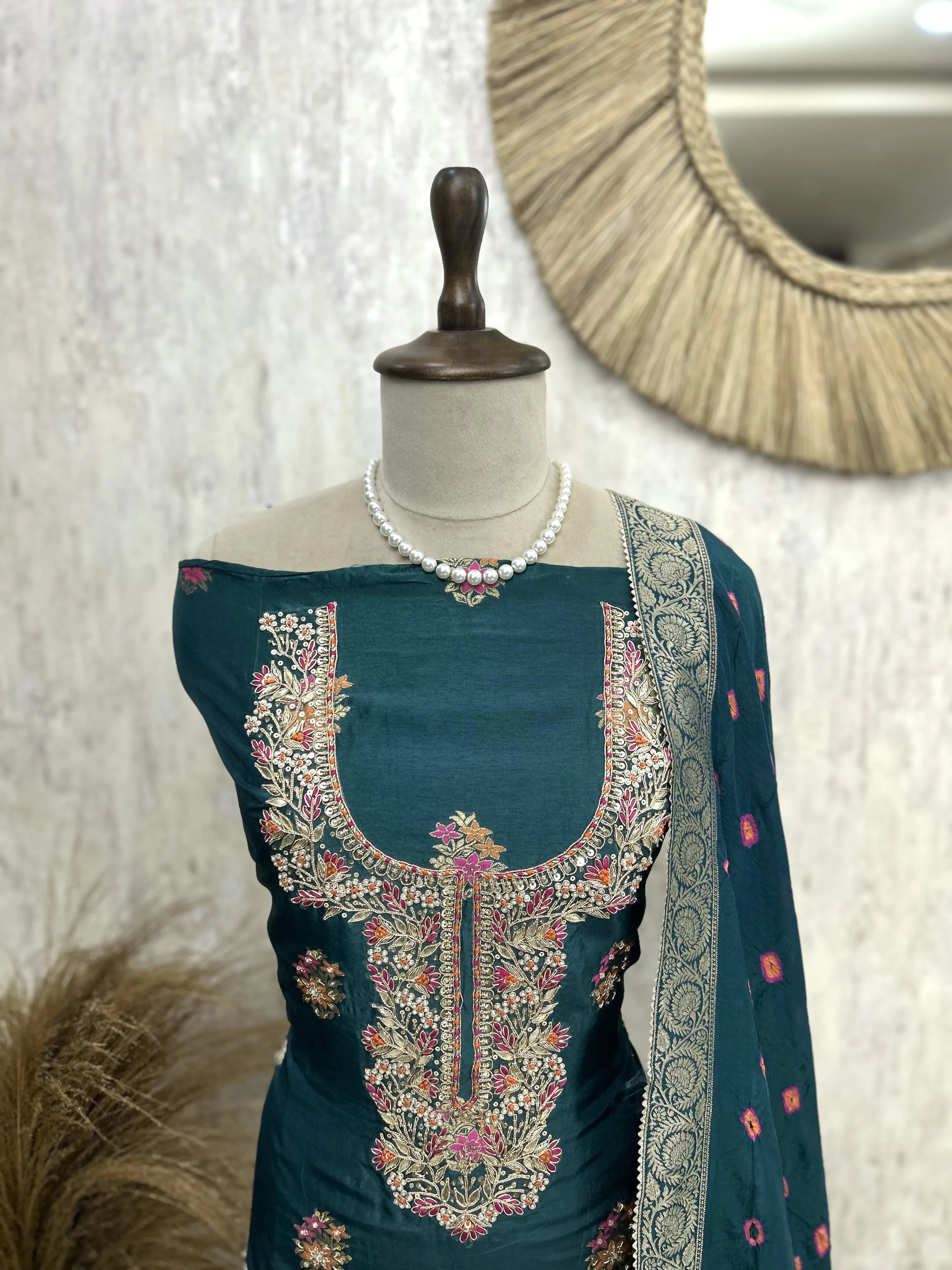 Unstitched Dola Silk Suit Set With Dola Silk Dupatta