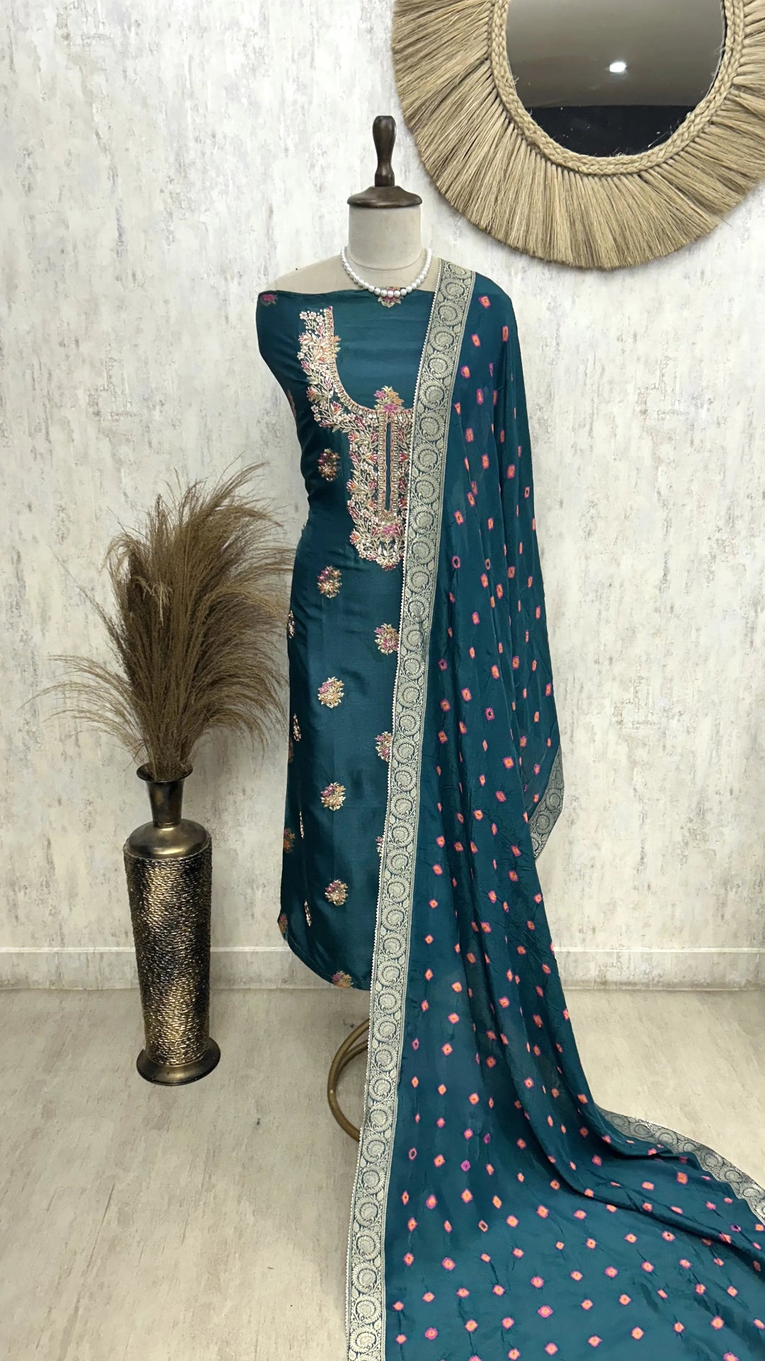 Unstitched Dola Silk Suit Set With Dola Silk Dupatta