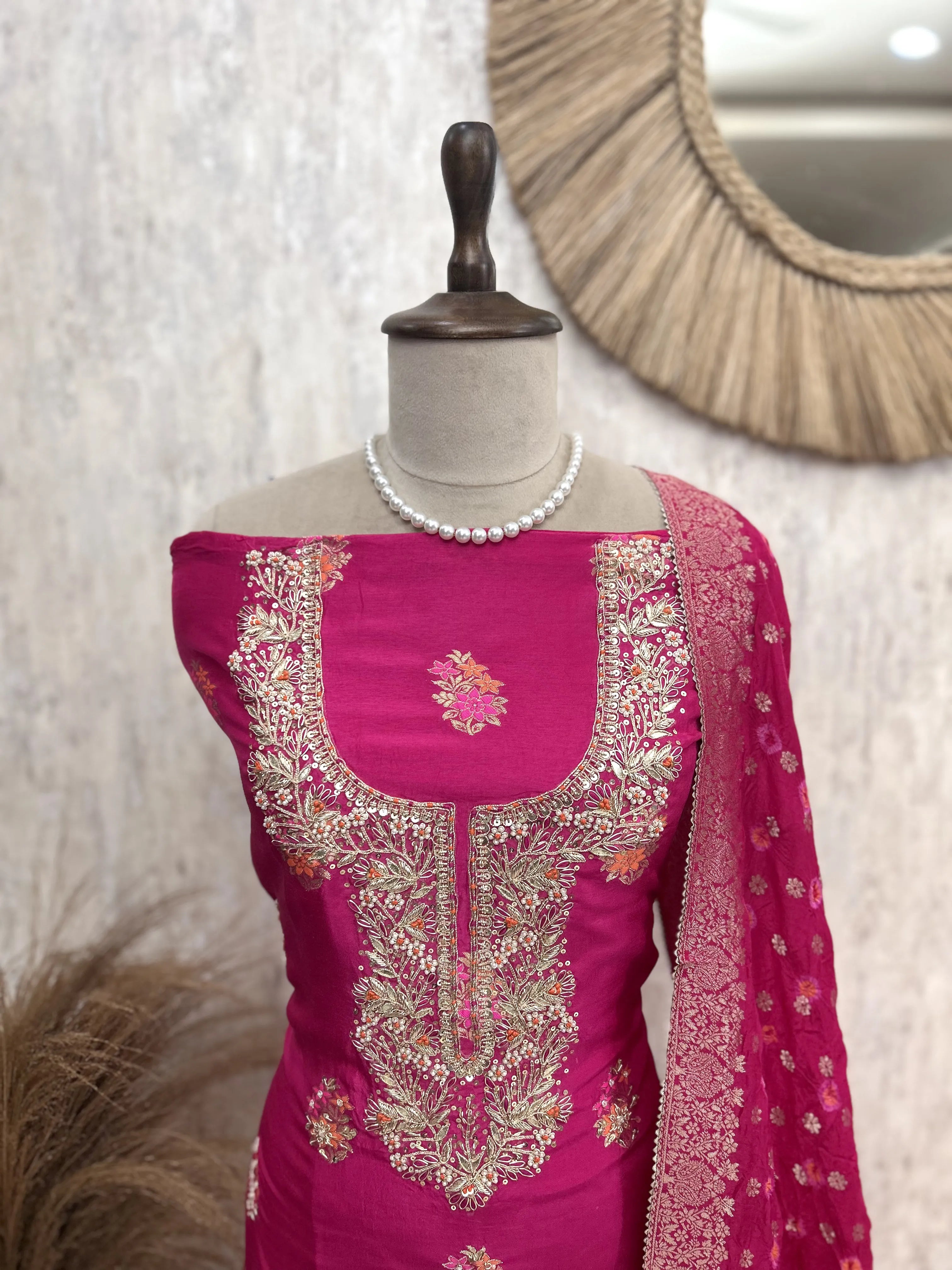 Unstitched Dola Silk Suit Set With Dola Silk Dupatta