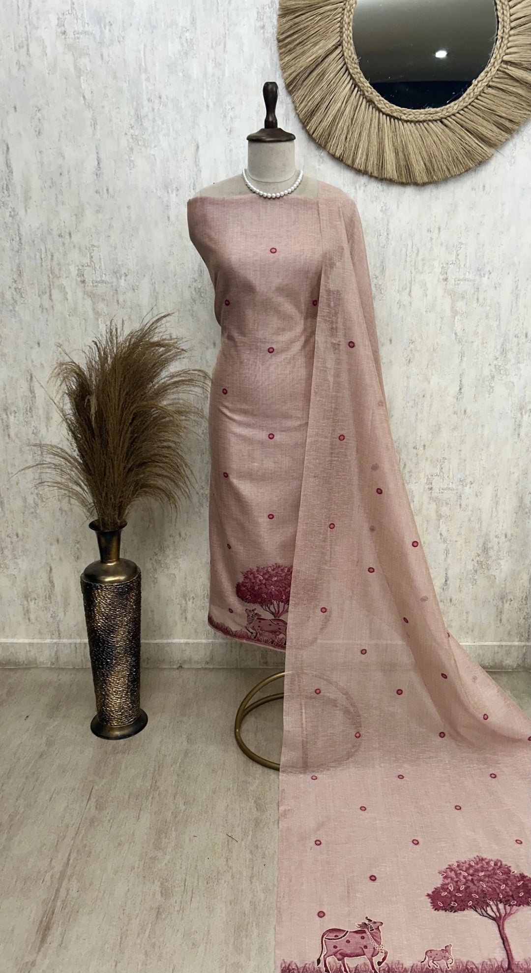 Linen Unstitched Suit Set With Linen Dupatta