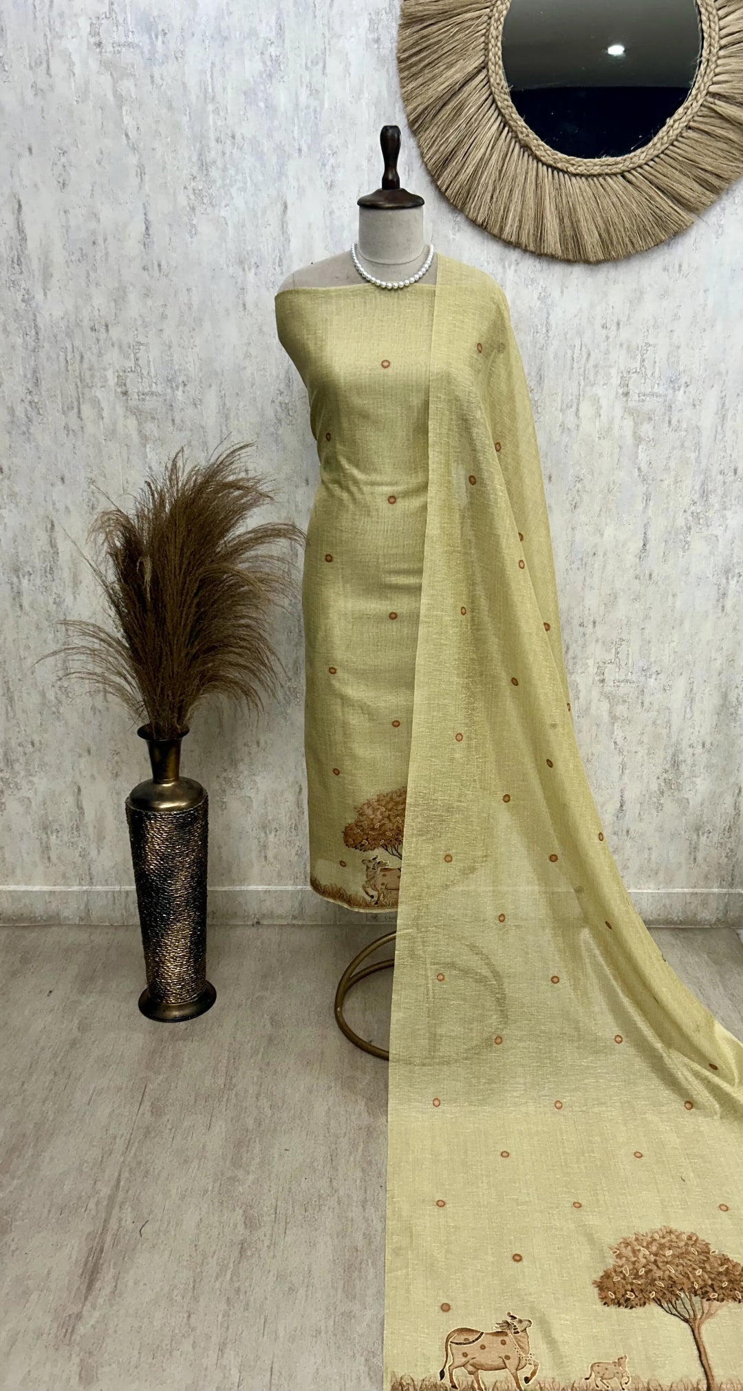 Linen Unstitched Suit Set With Linen Dupatta
