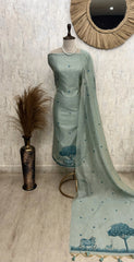 Linen Unstitched Suit Set With Linen Dupatta