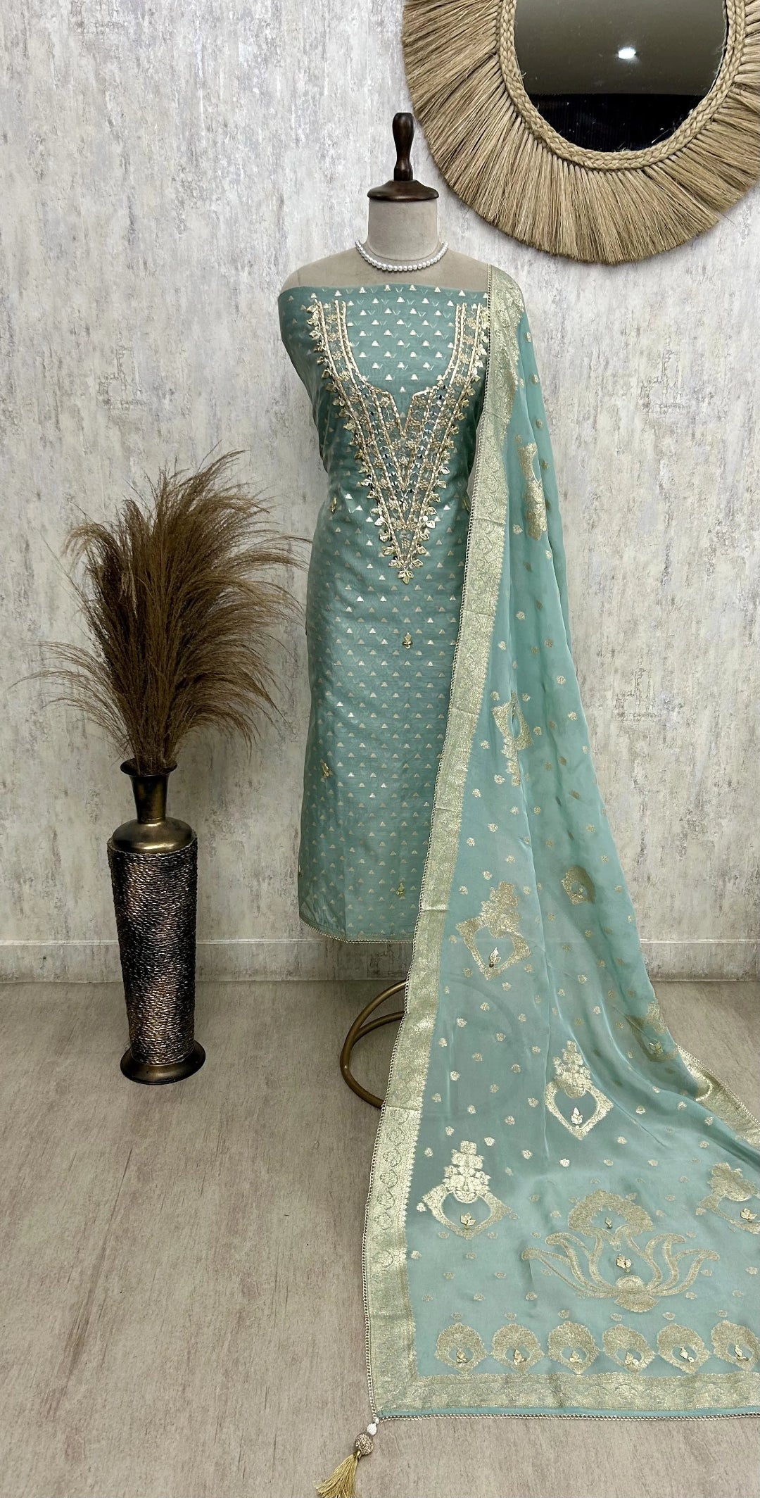 Unstitched Maheshwari Suit Set Featuring Organza Dupatta