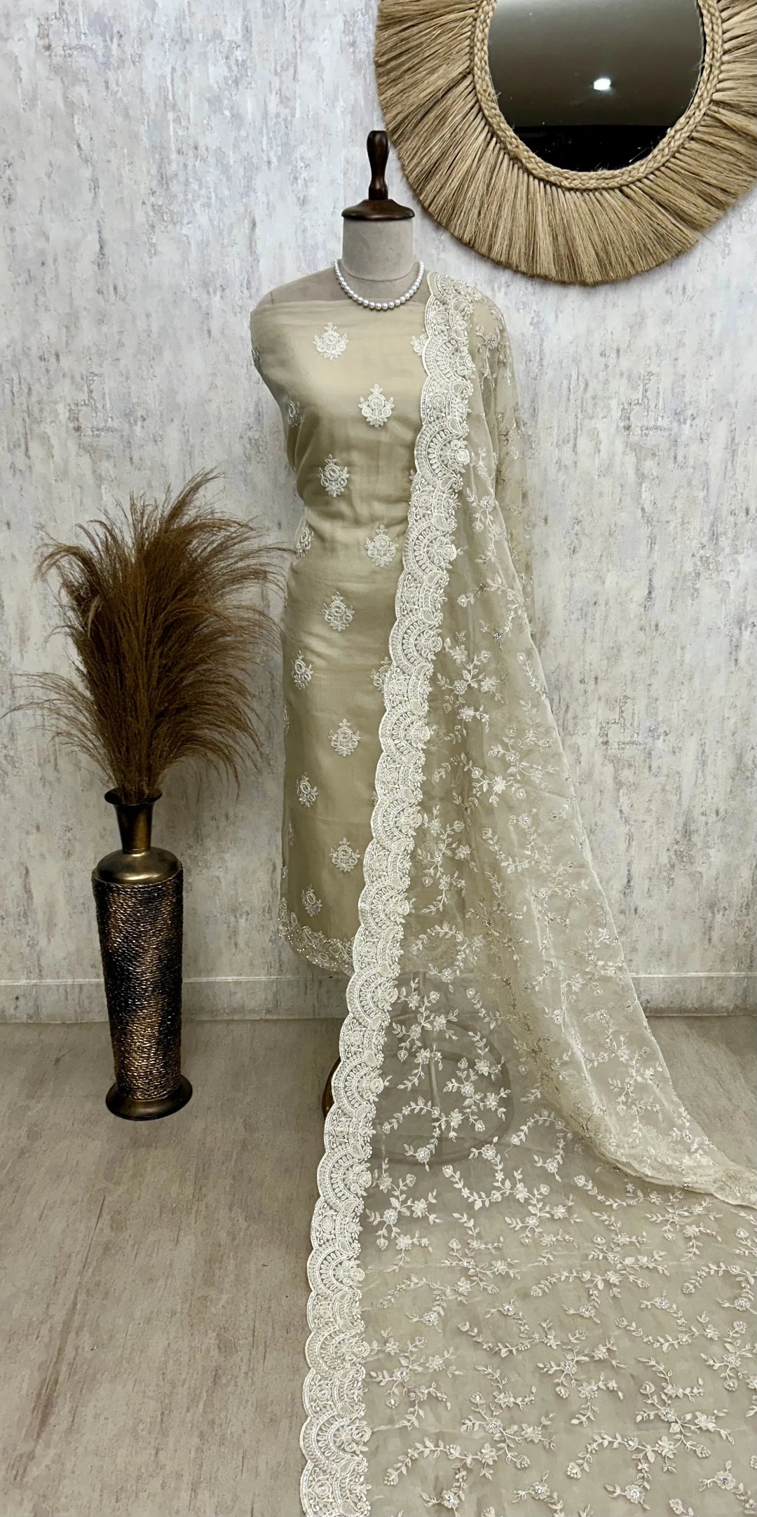 Glass Organza Unstitched Suit Set With Glass Organza Dupatta