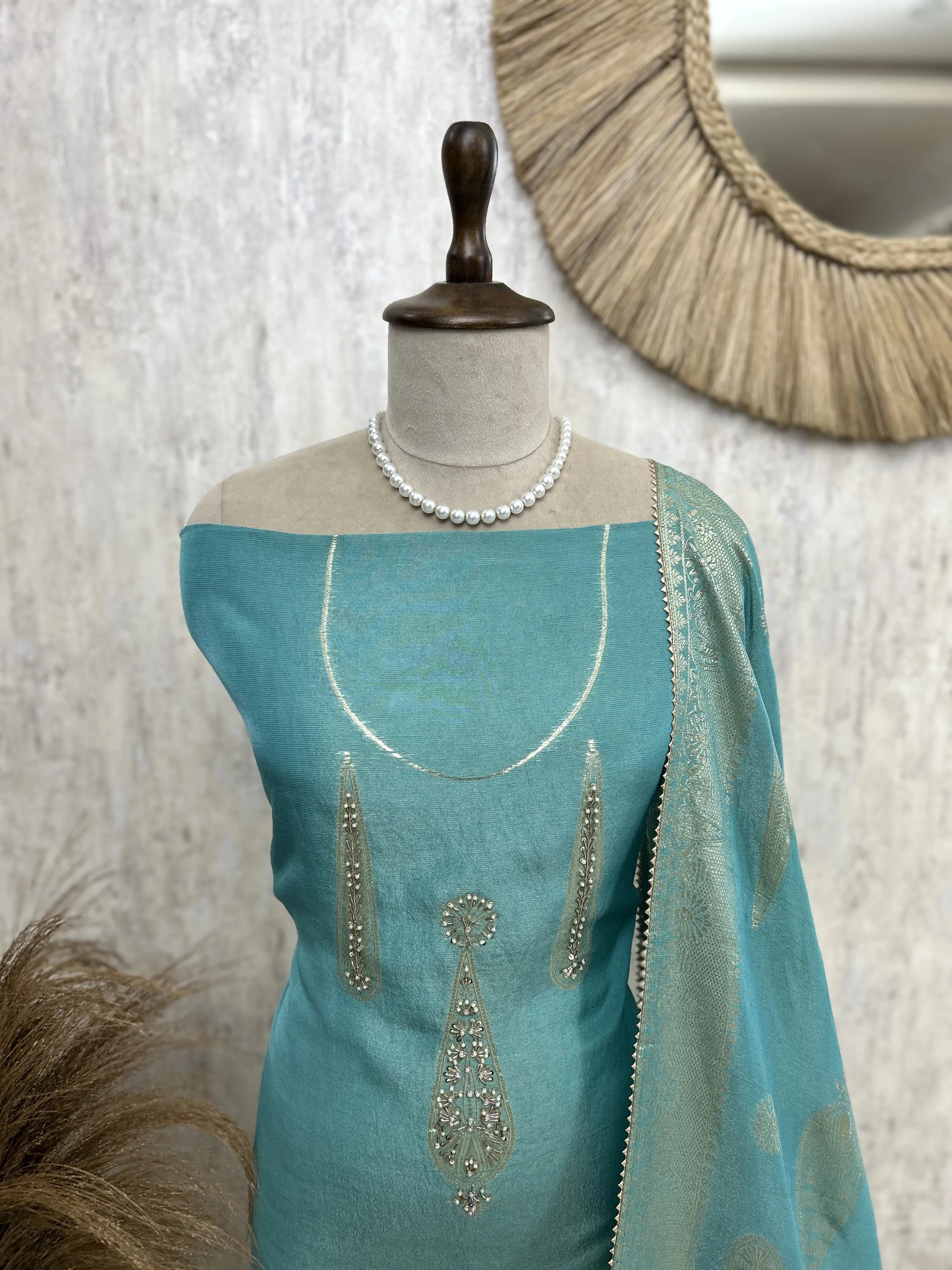Tissue Unstitched Suit Set With Tissue Dupatta