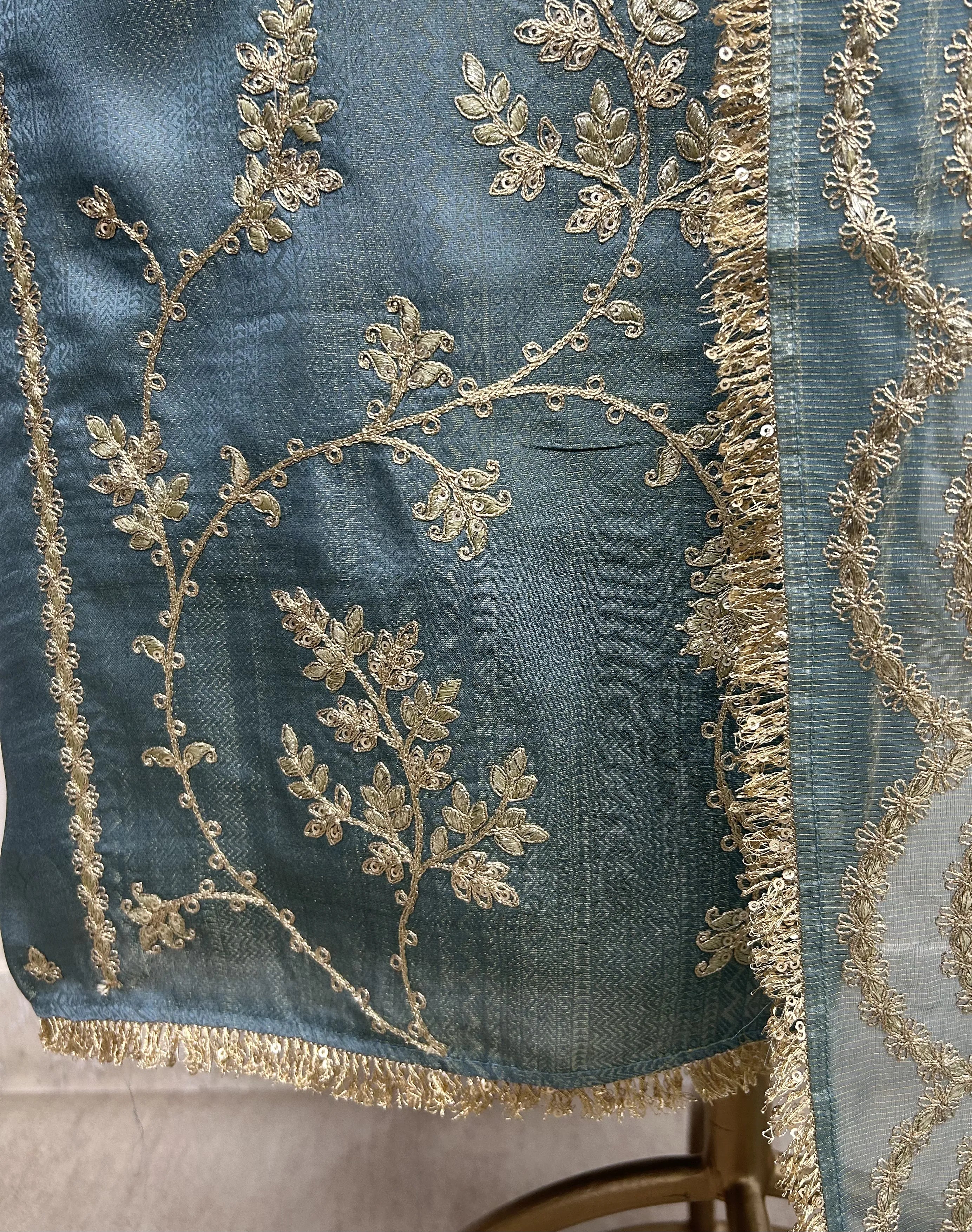 Silk Unstitched Suit Set Featuring Tissue Dupatta
