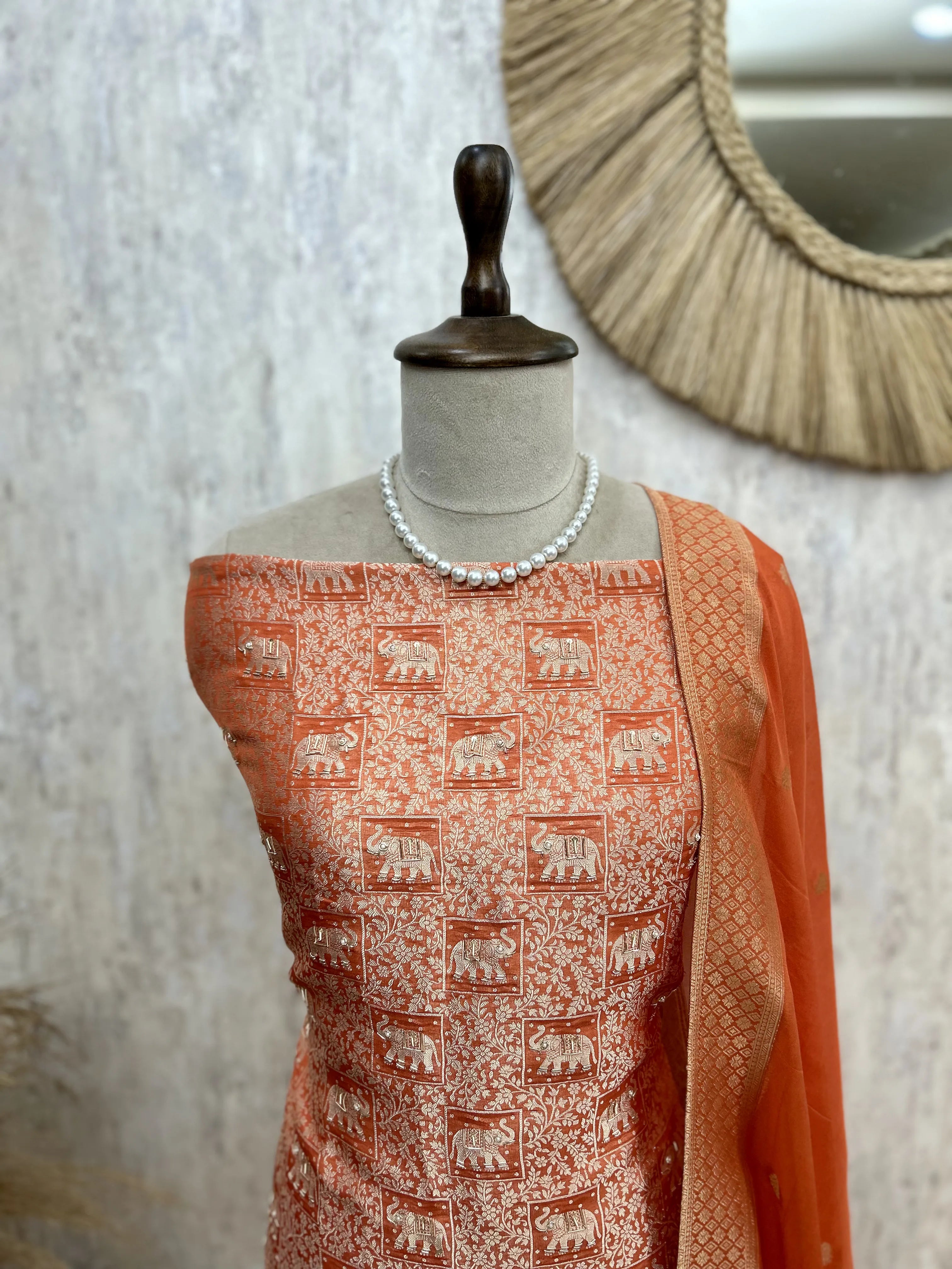 Brocade Silk Unstitched Suit Set Featuring Organza Dupatta