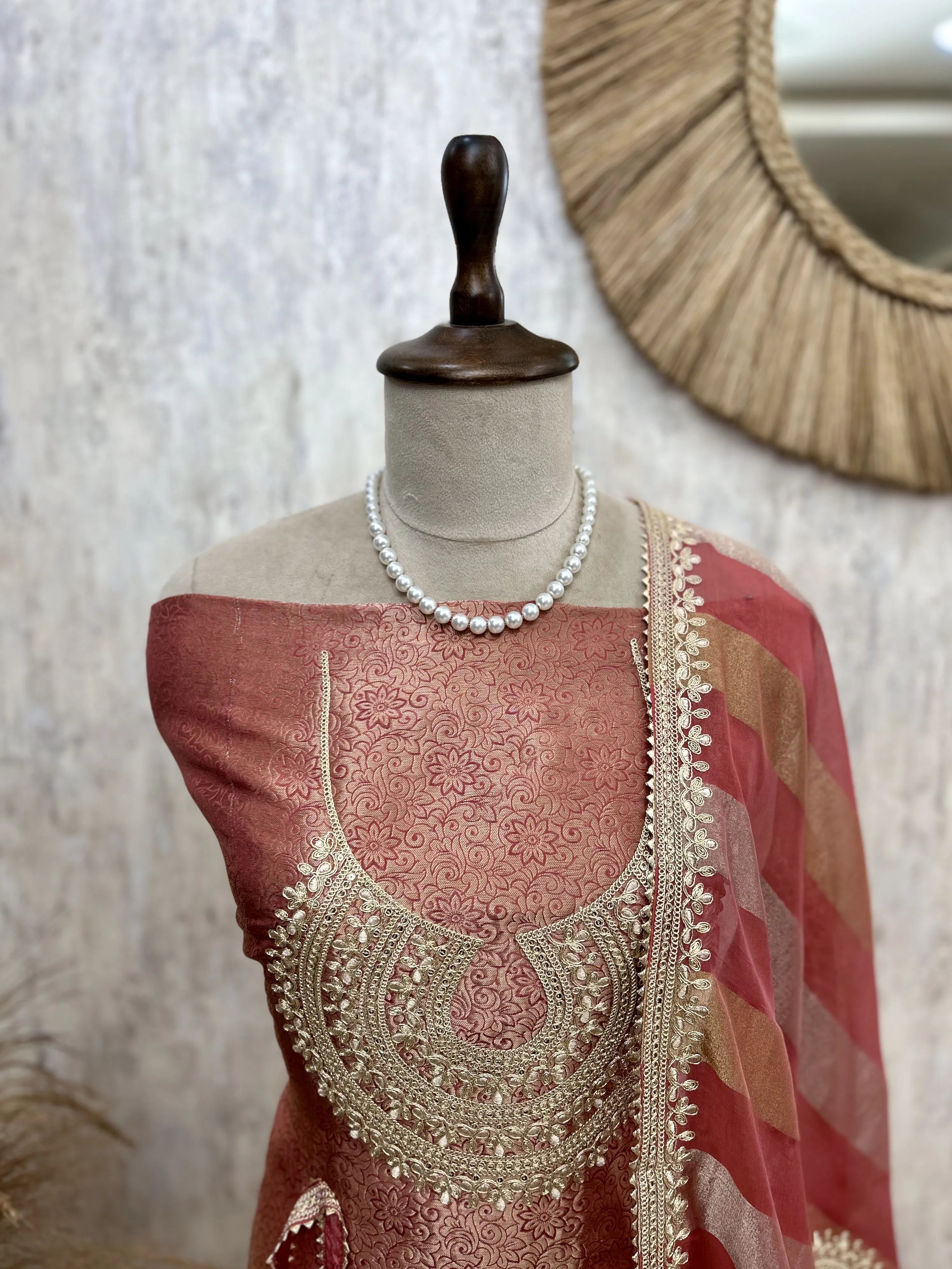 Brocade Silk Unstitched Suit Set Comes With Handy Potli & Featuring Organza Dupatta