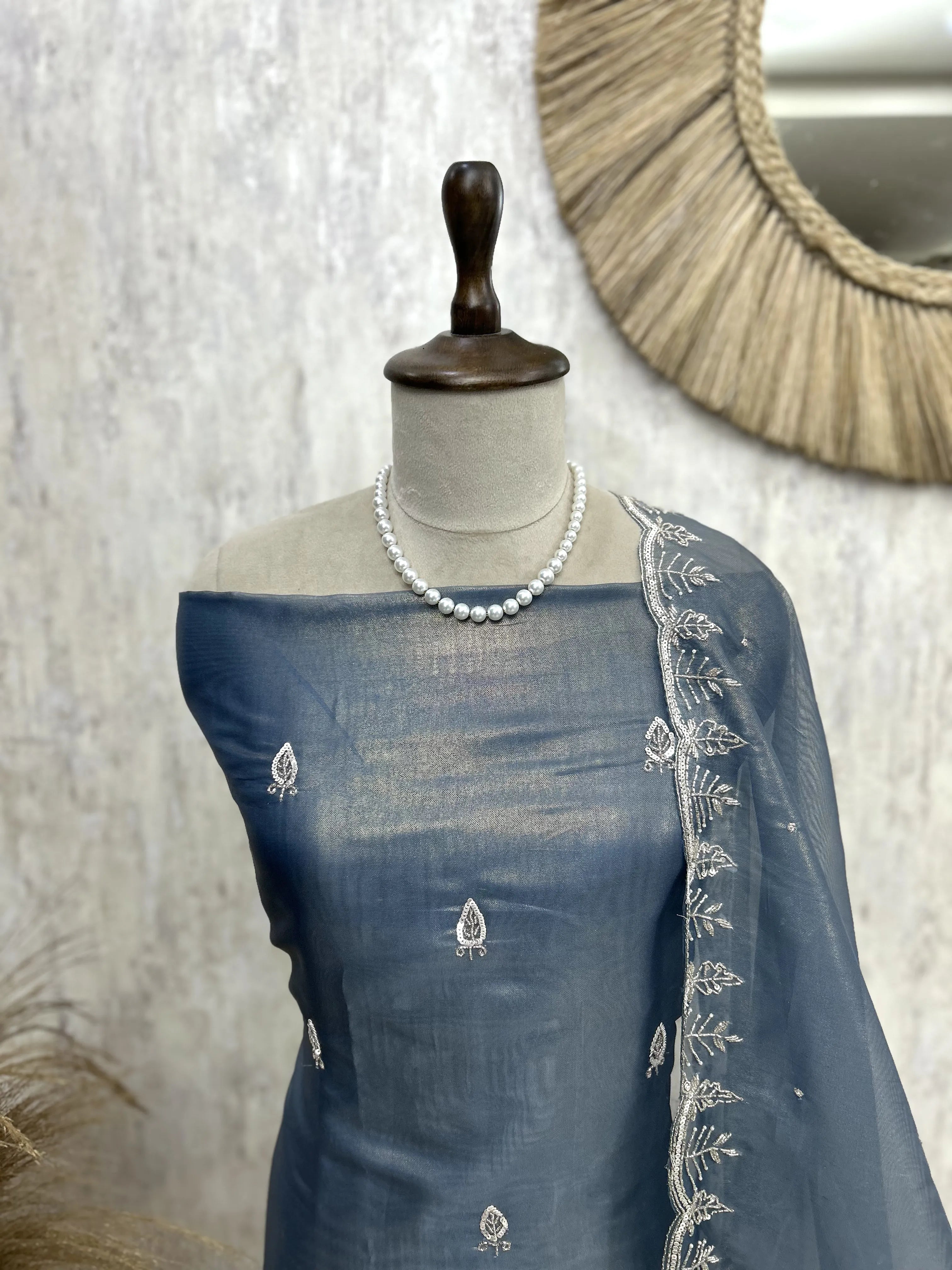 Glass Organza Unstitched Suit Set With Glass Organza Dupatta