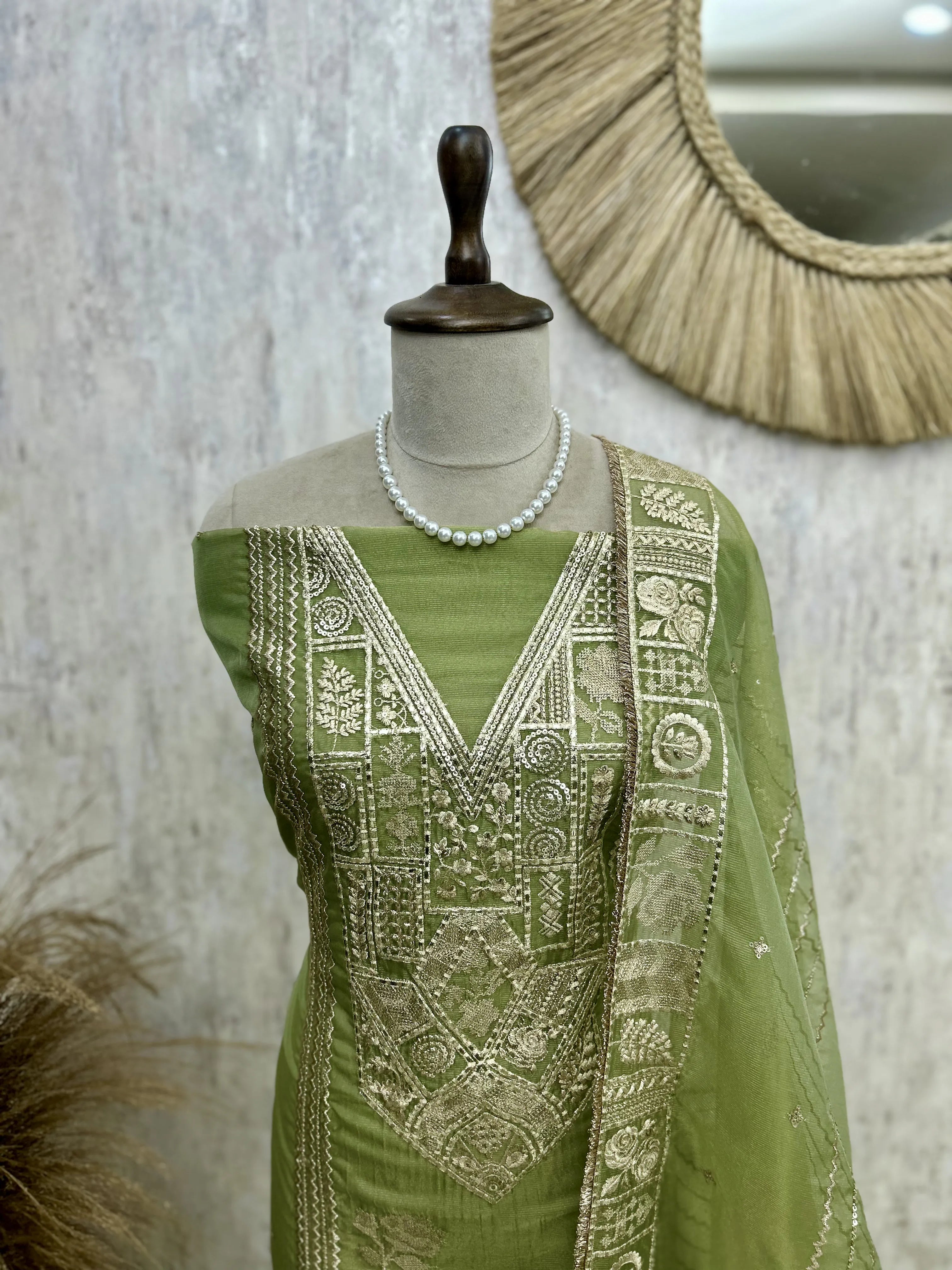 Tissue Organza Unstitched Suit Set With Tissue Organza Dupatta