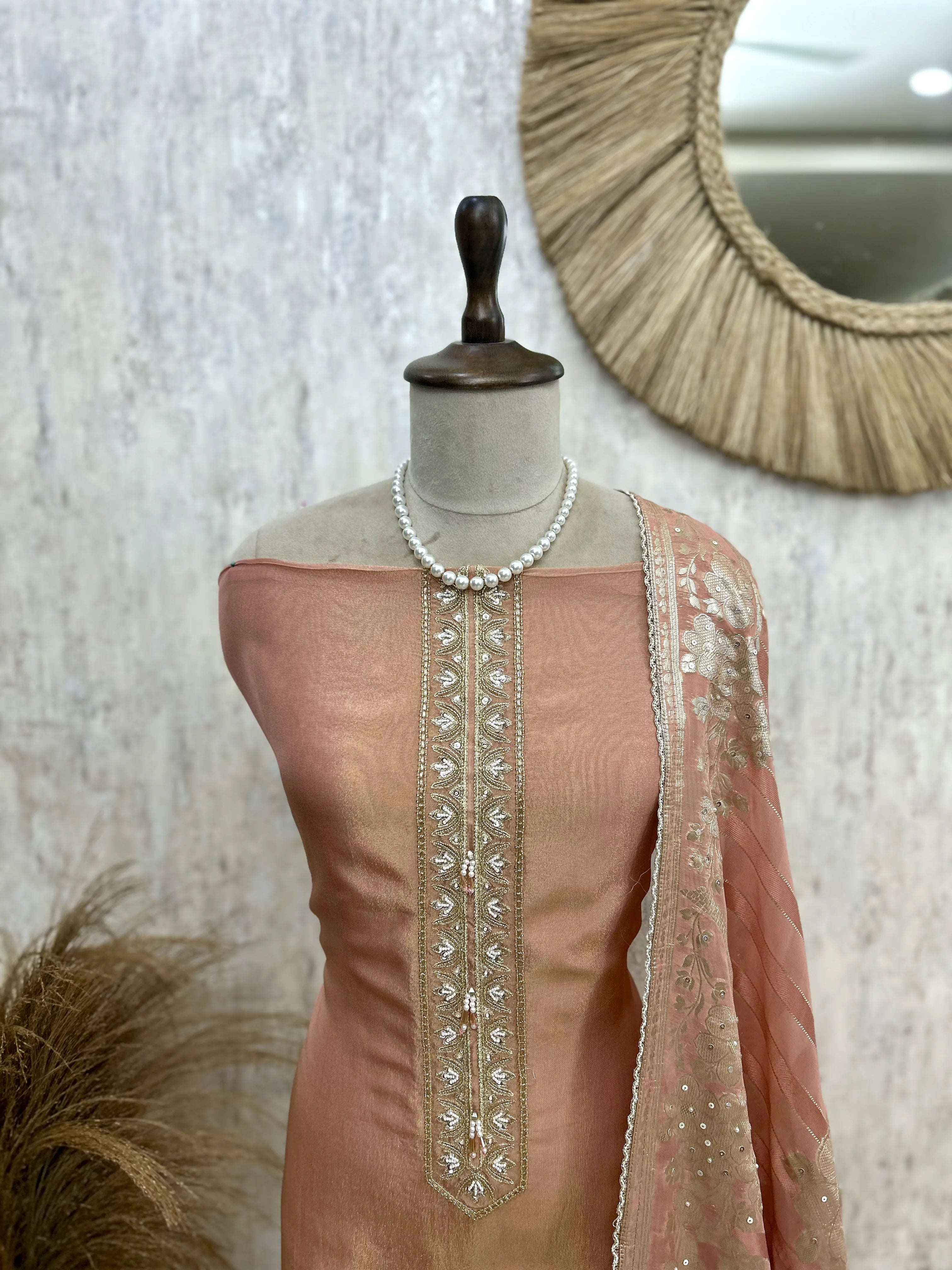Tissue Unstitched Suit Set With Organza Dupatta