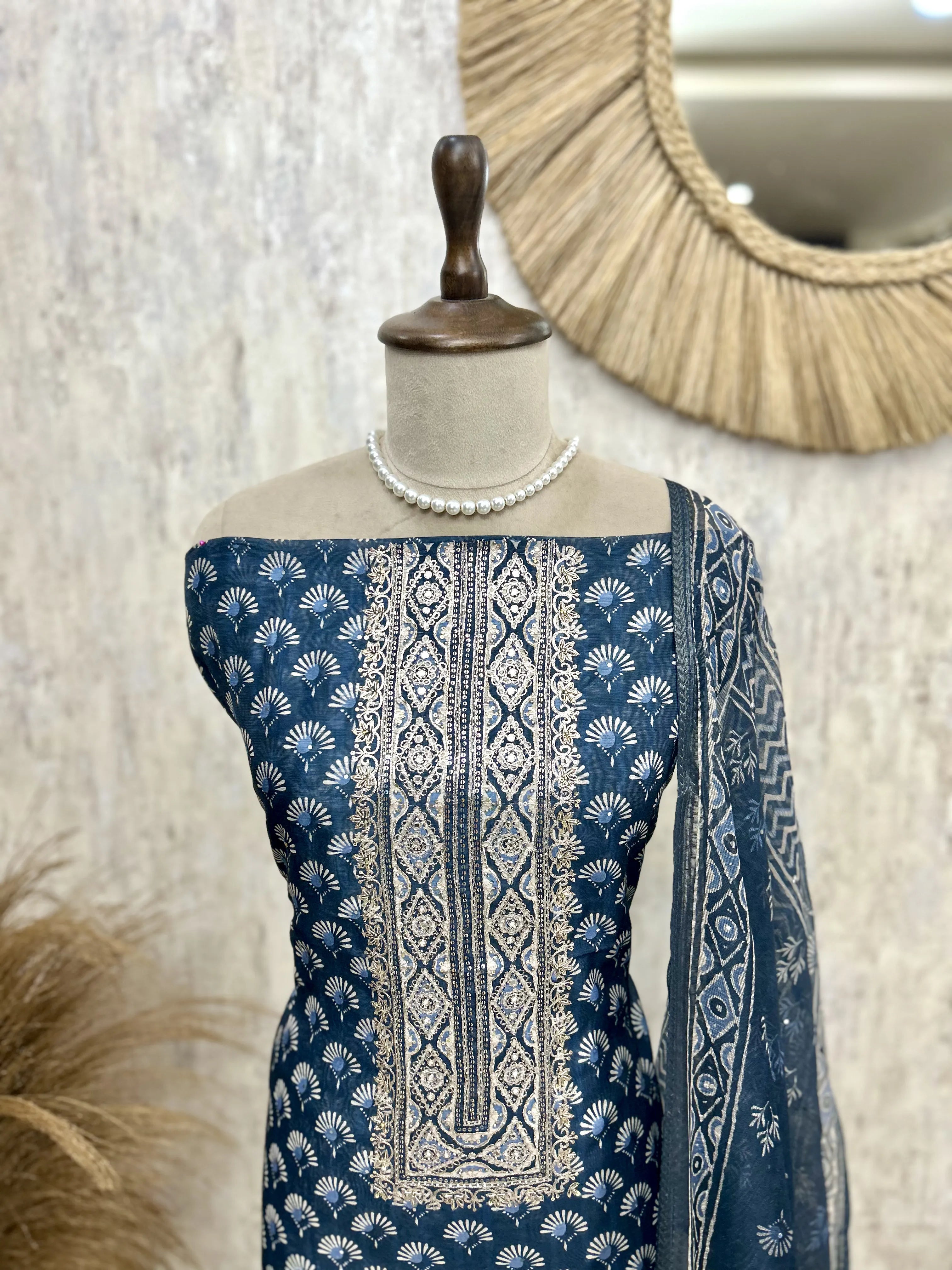 Printed Maheshwari Unstitched Suit Set With Maheshwari Dupatta