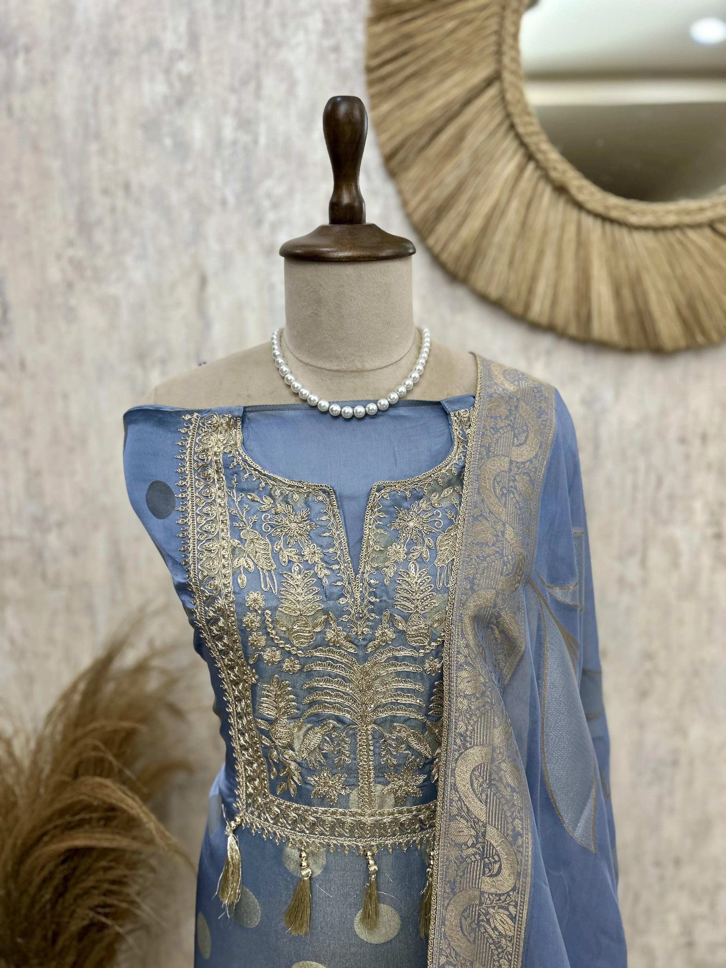 Tissue Unstitched Suit Set Featuring Organza Dupatta