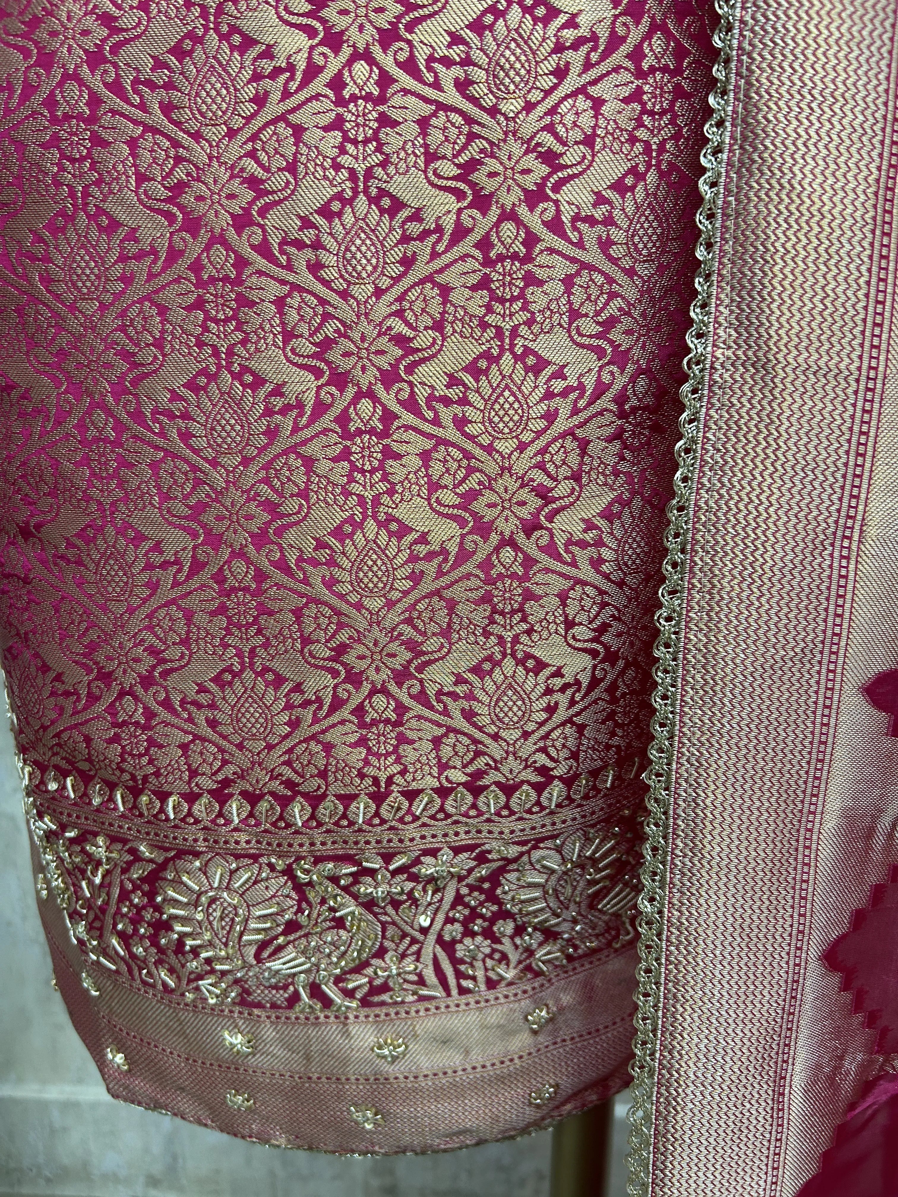 Brocade Silk Unstitched Suit Set featuring Silk Dupatta