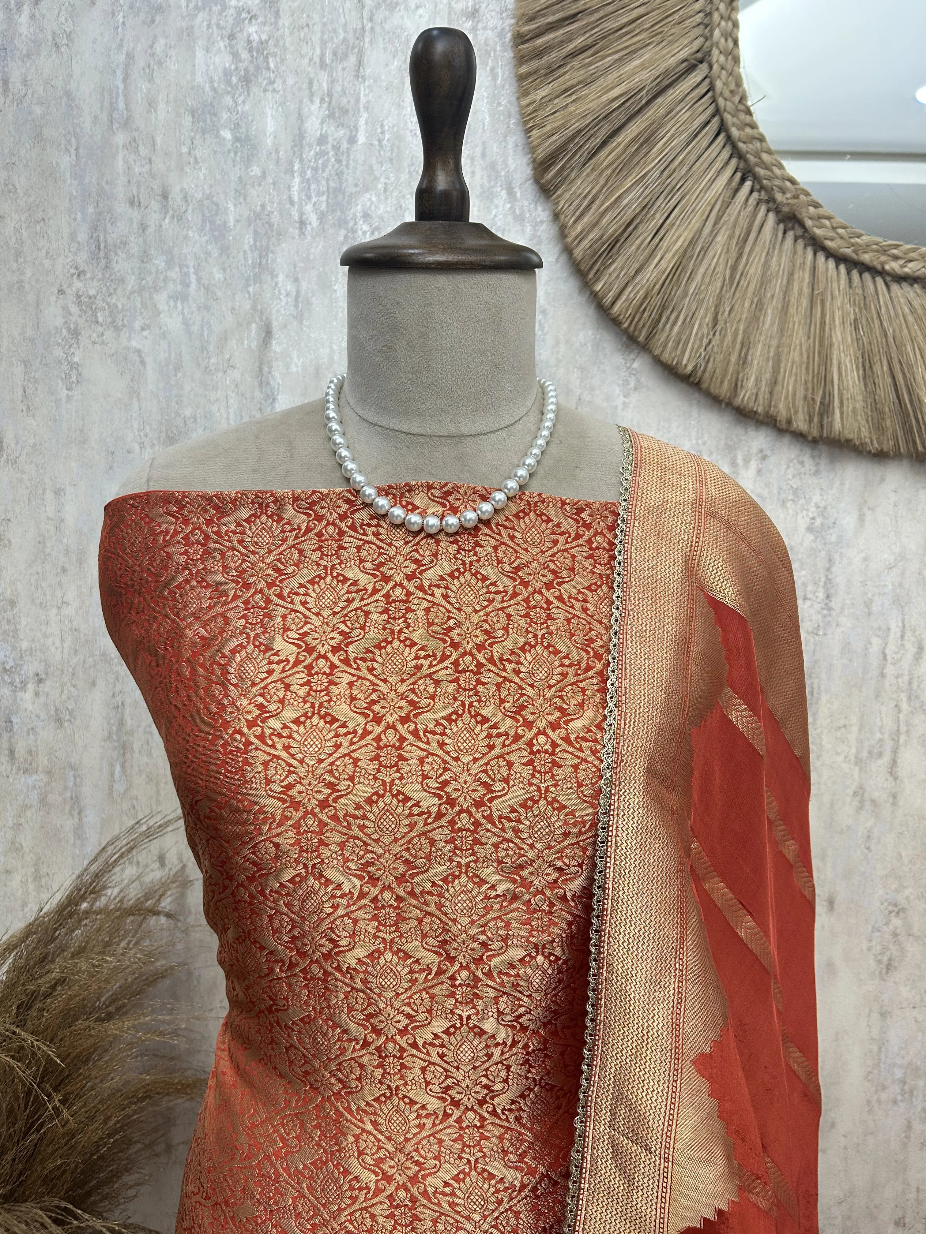 Brocade Silk Unstitched Suit Set featuring Silk Dupatta