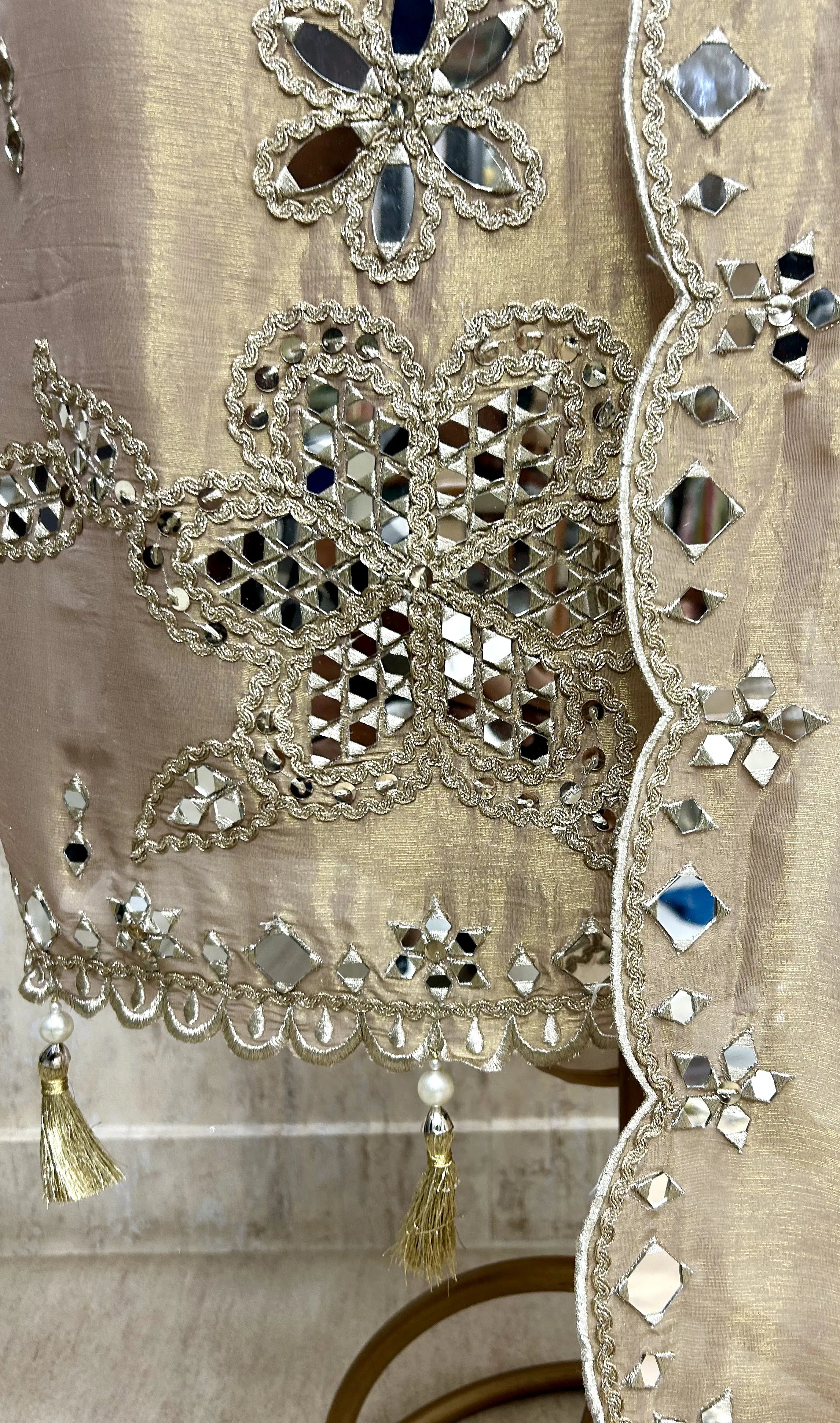 Tissue Unstitched Suit Set With Tissue Dupatta Featuring Mirror Work