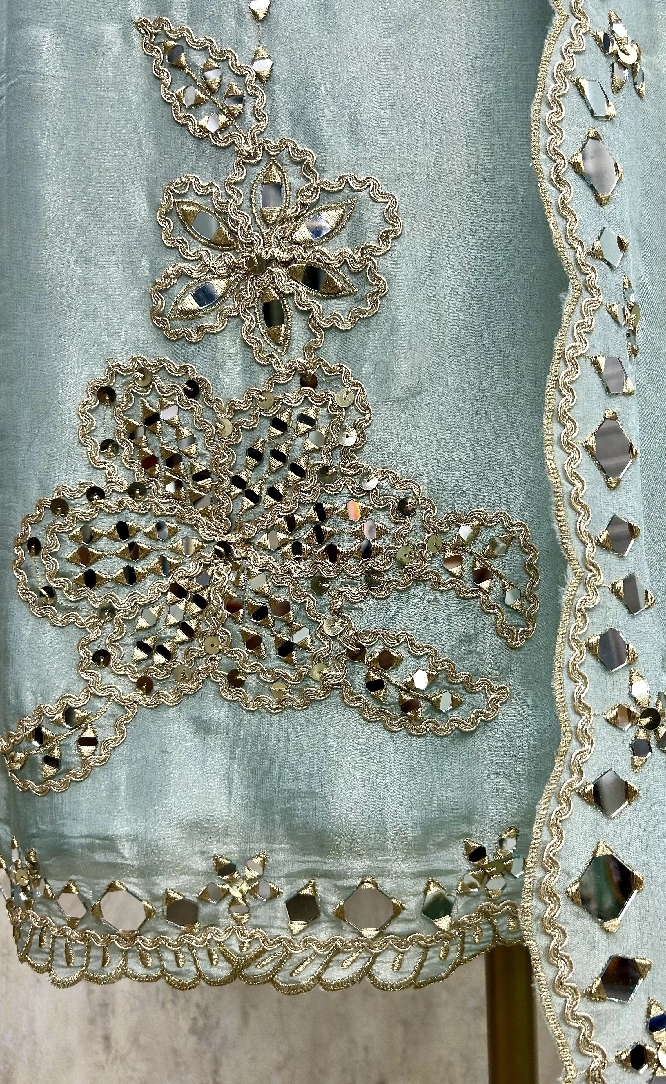 Tissue Unstitched Suit Set With Tissue Dupatta Featuring Mirror Work