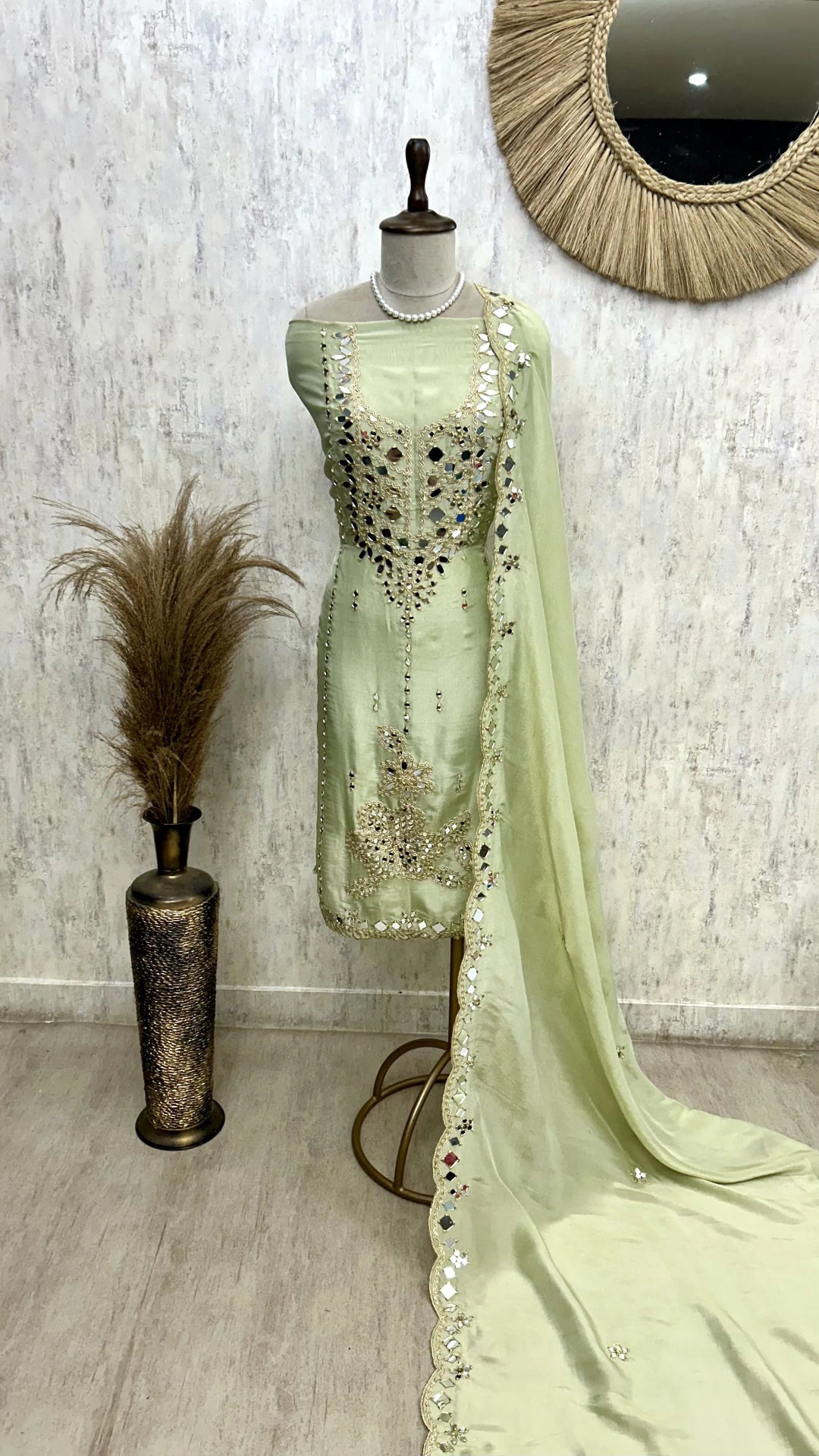 Tissue Unstitched Suit Set With Tissue Dupatta Featuring Mirror Work