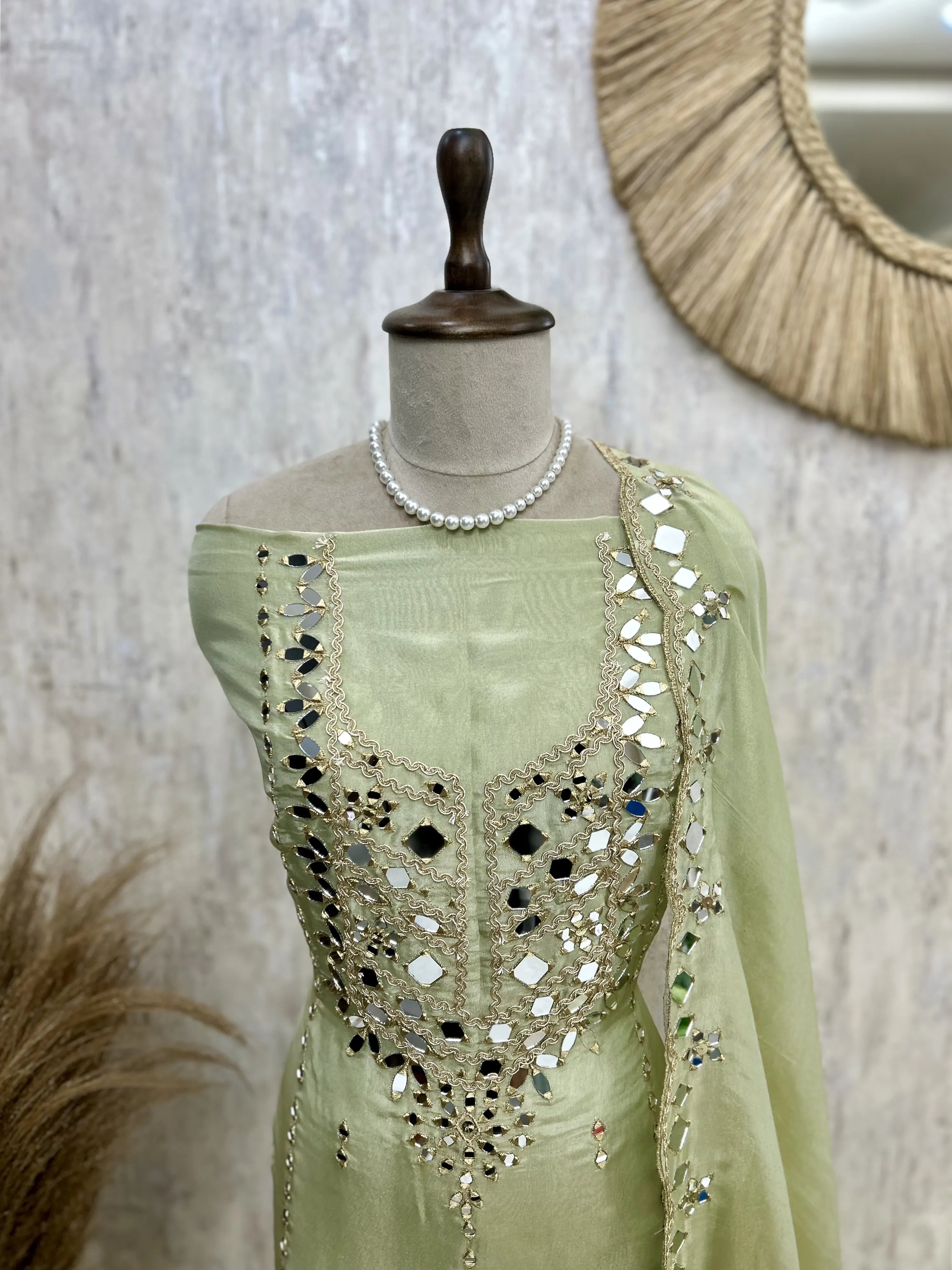 Tissue Unstitched Suit Set With Tissue Dupatta Featuring Mirror Work
