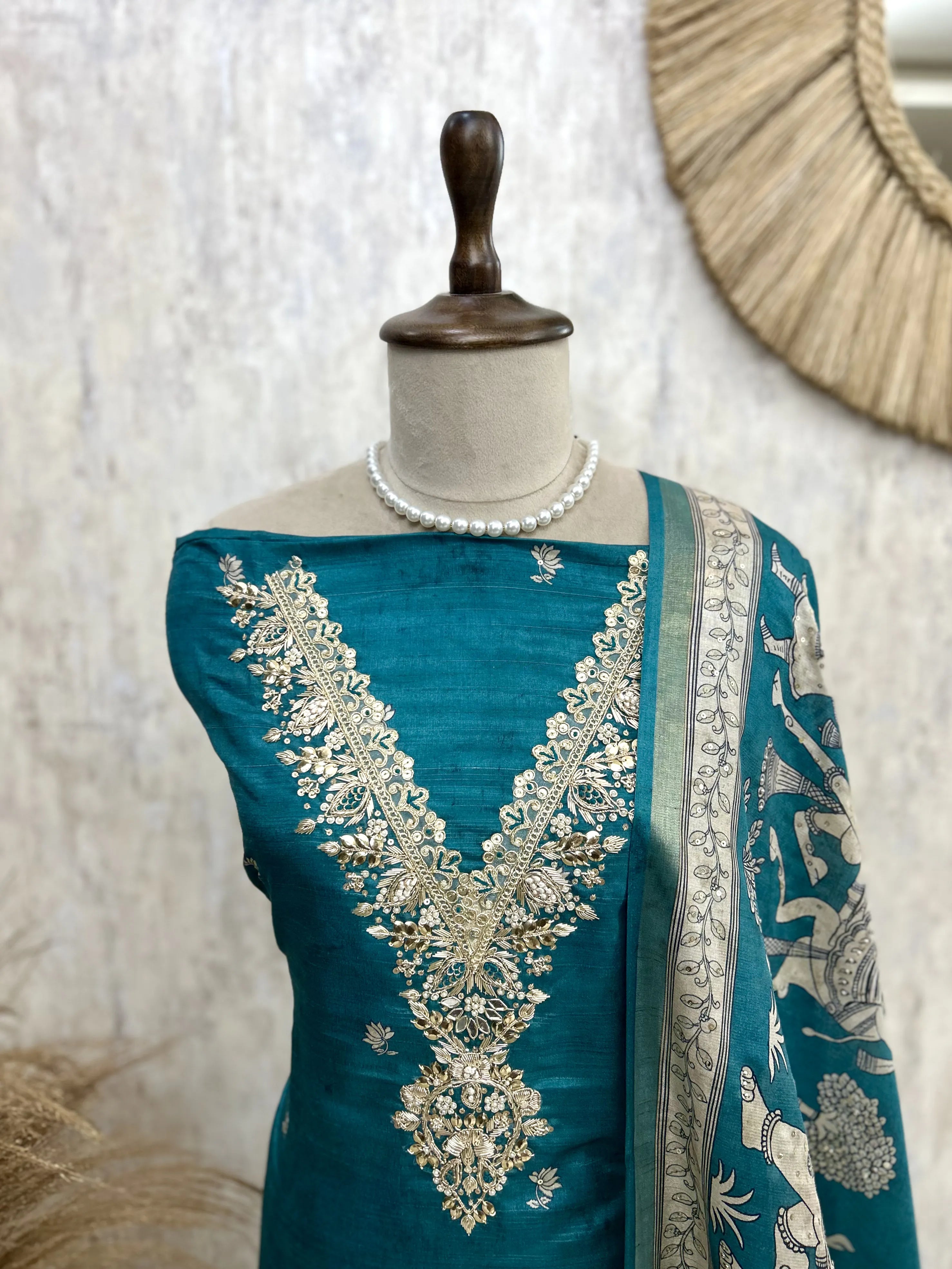 Tussar Silk Unstitched Suit Set With Tussar Silk Dupatta