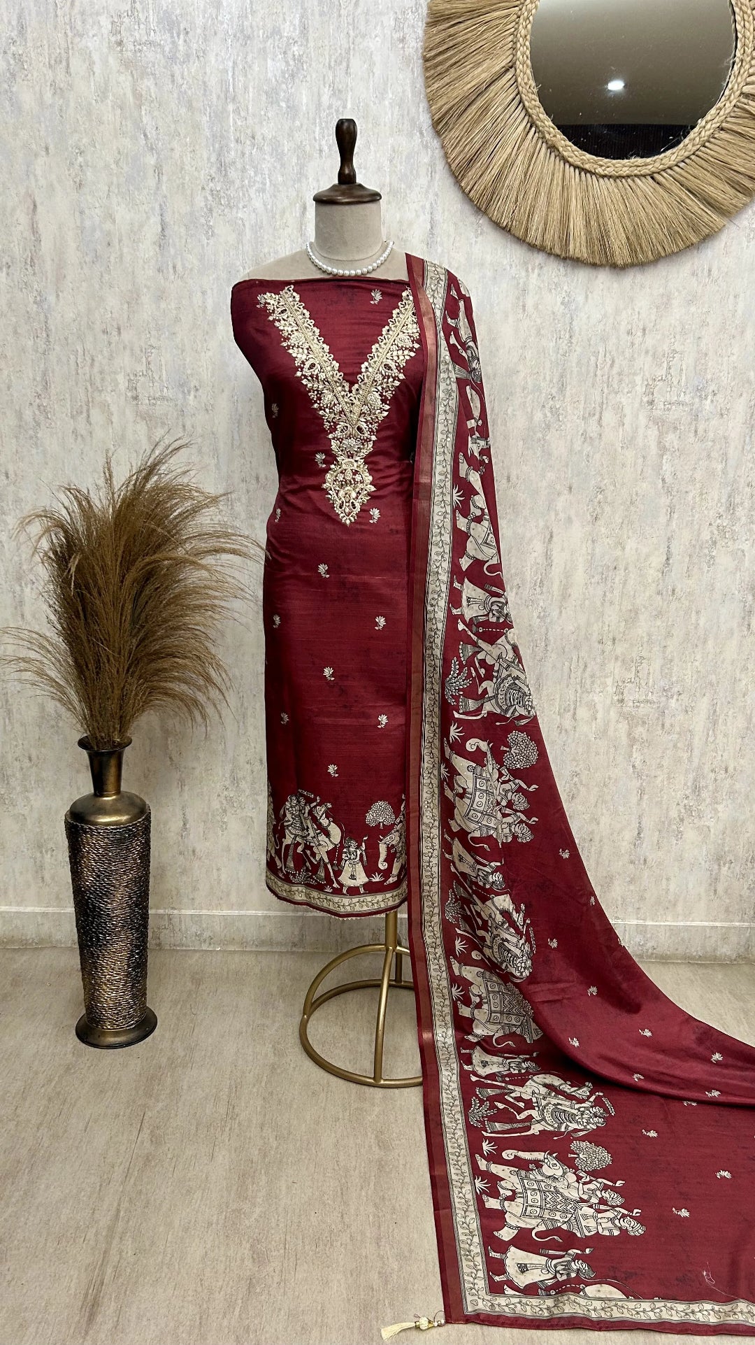 Tussar Silk Unstitched Suit Set With Tussar Silk Dupatta