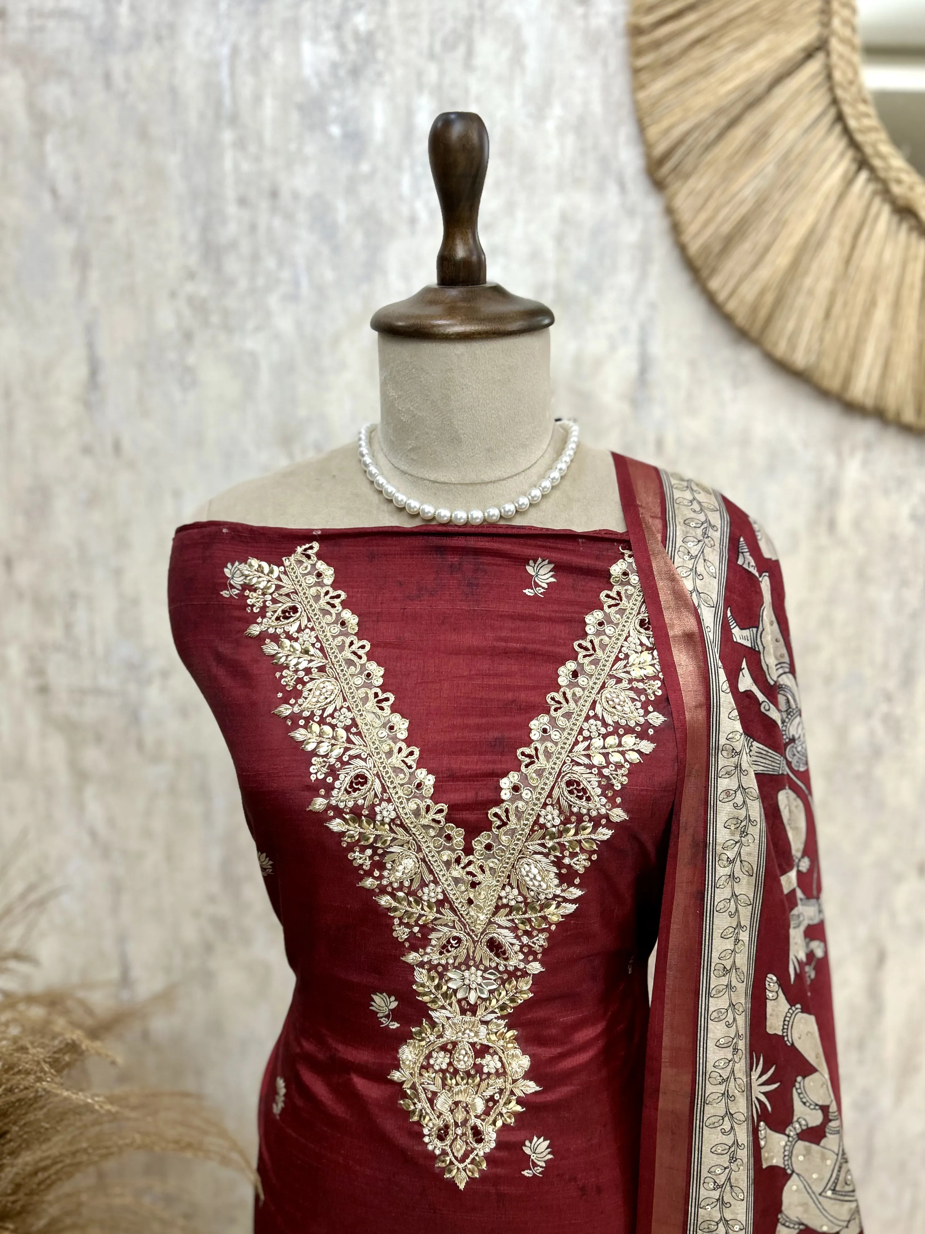 Tussar Silk Unstitched Suit Set With Tussar Silk Dupatta