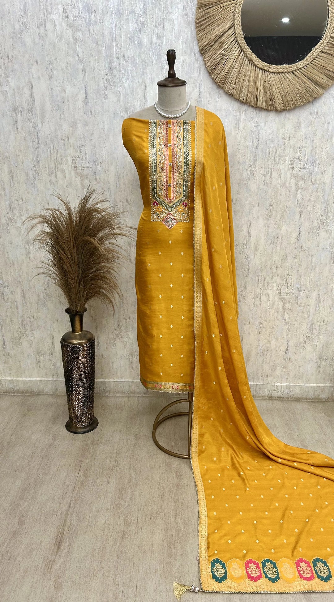 Dola Silk Unstitched Suit Set Featuring Dola Silk Dupatta