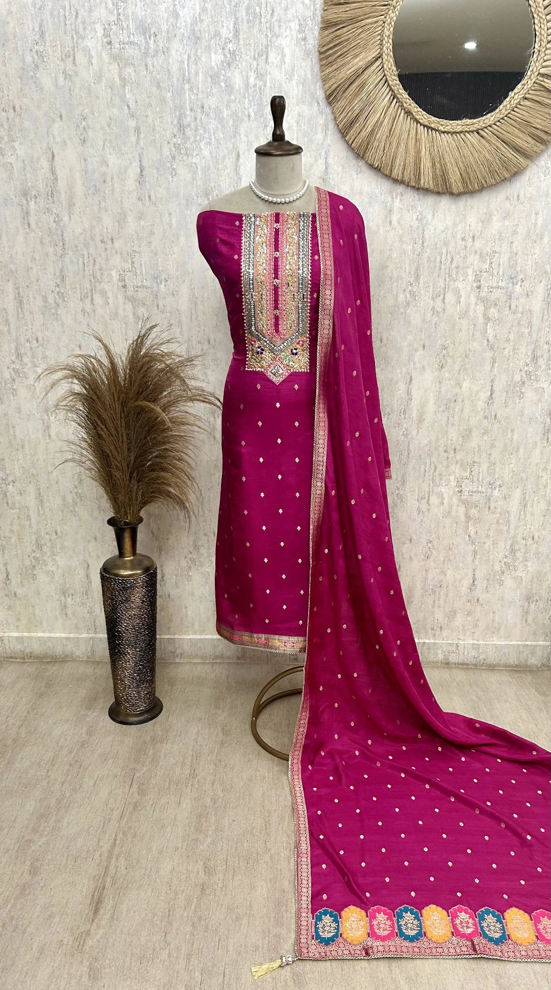 Dola Silk Unstitched Suit Set Featuring Dola Silk Dupatta