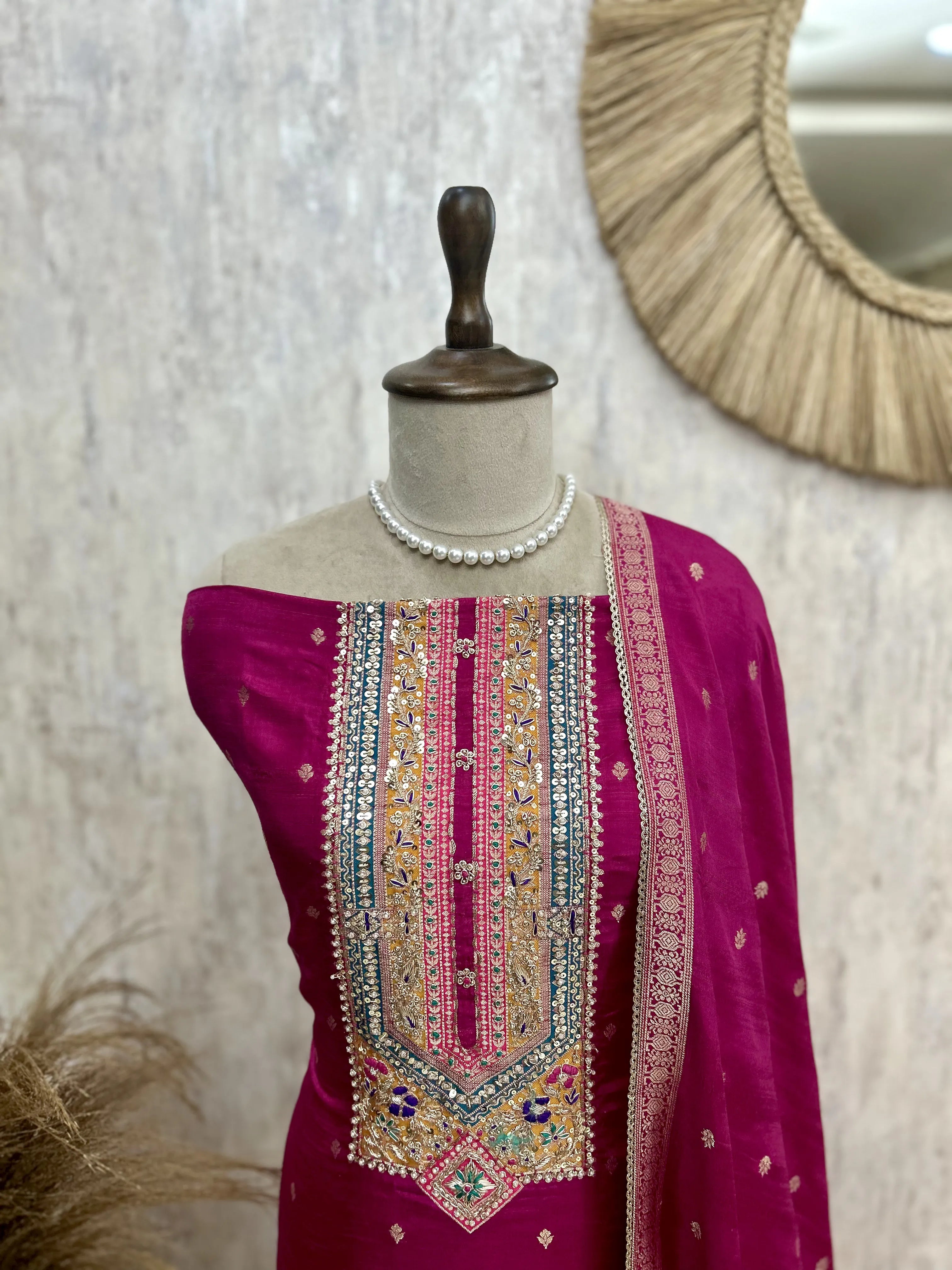 Dola Silk Unstitched Suit Set Featuring Dola Silk Dupatta