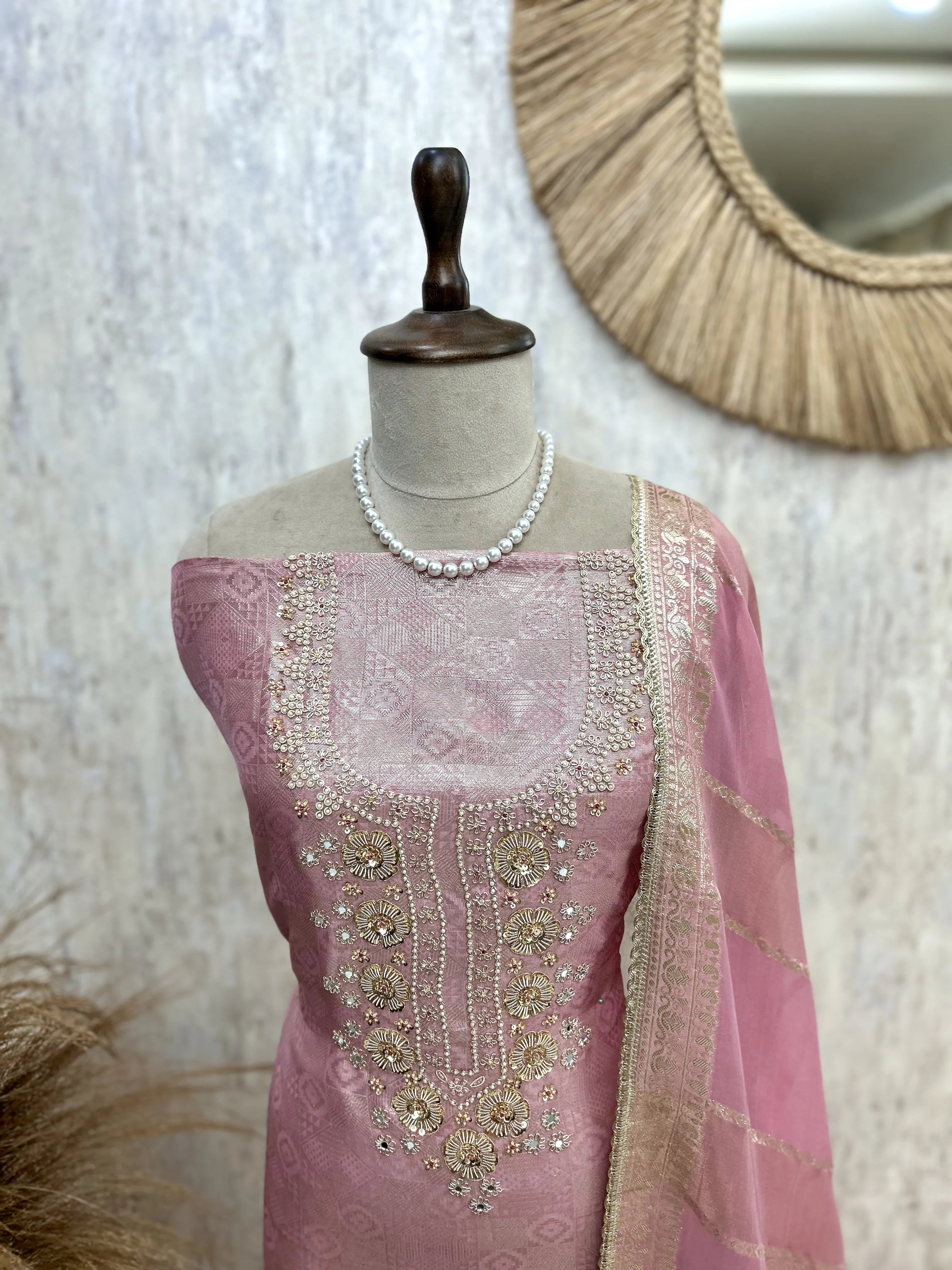 Tissue Unstitched Suit Set With Tissue Dupatta