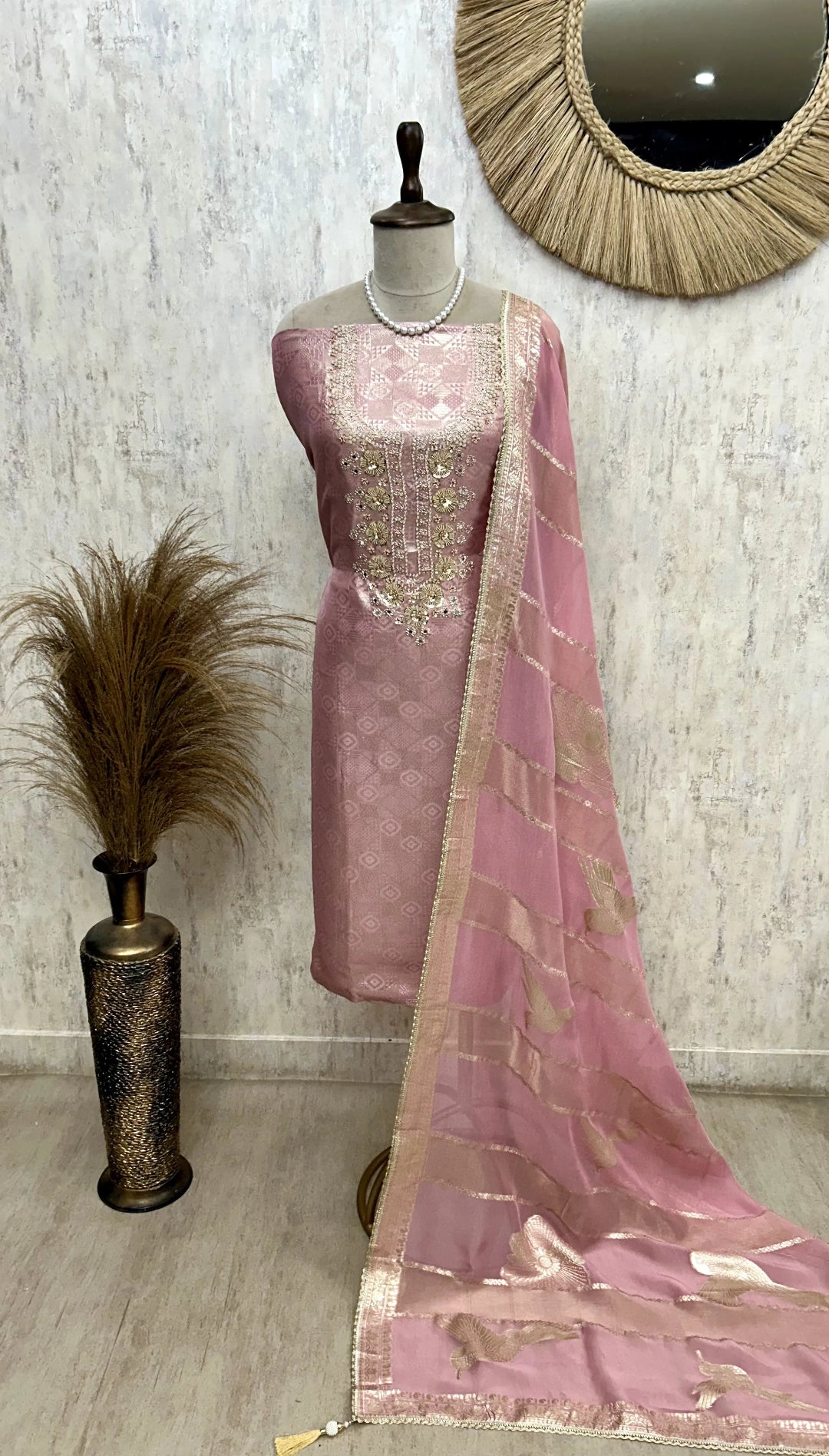 Tissue Unstitched Suit Set With Tissue Dupatta