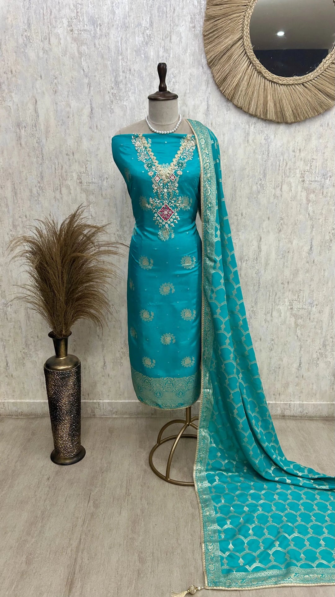 Dola Silk Unstitched Suit Set With Dola Silk Dupatta
