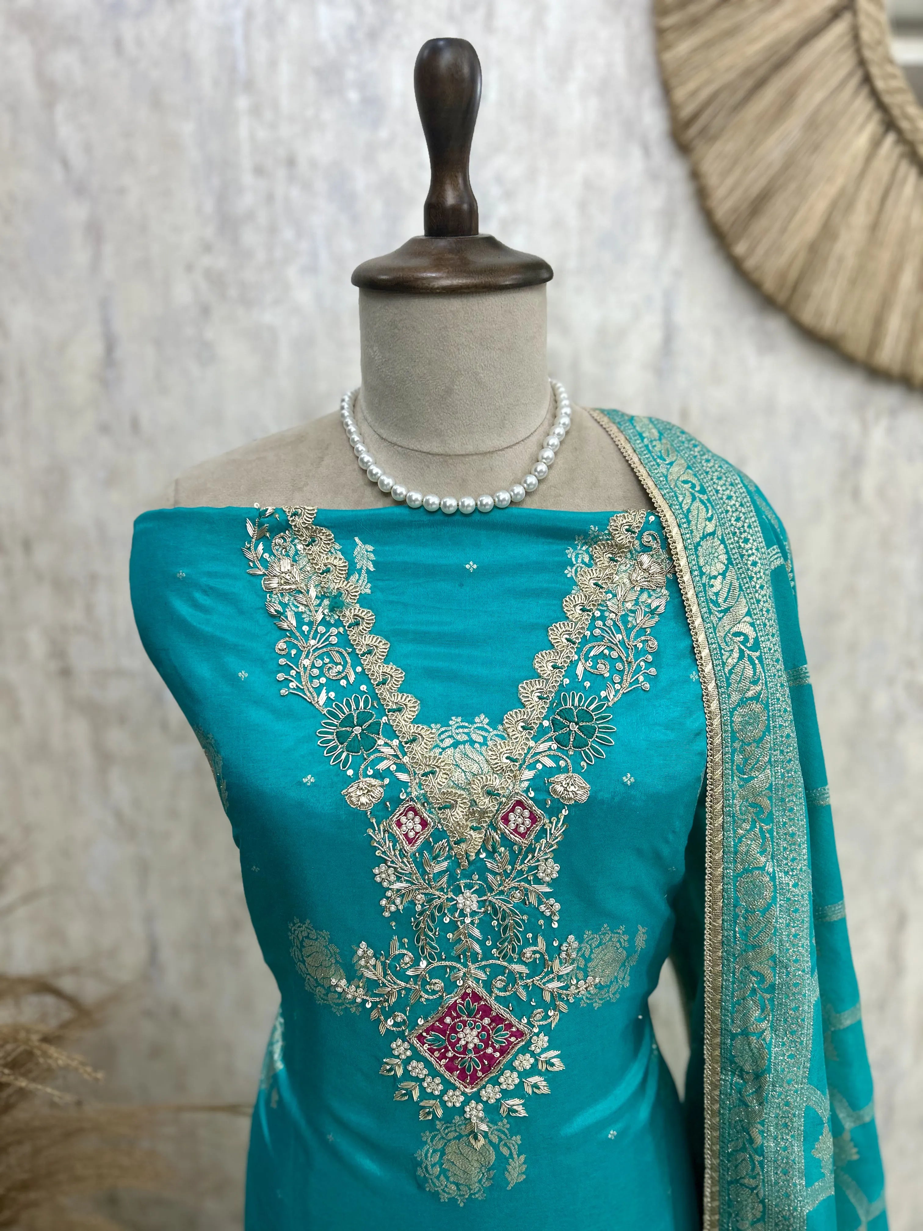 Dola Silk Unstitched Suit Set With Dola Silk Dupatta