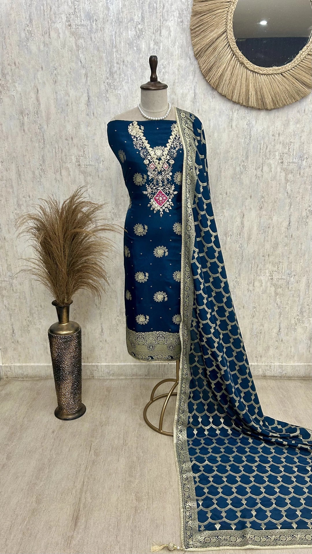 Dola Silk Unstitched Suit Set With Dola Silk Dupatta