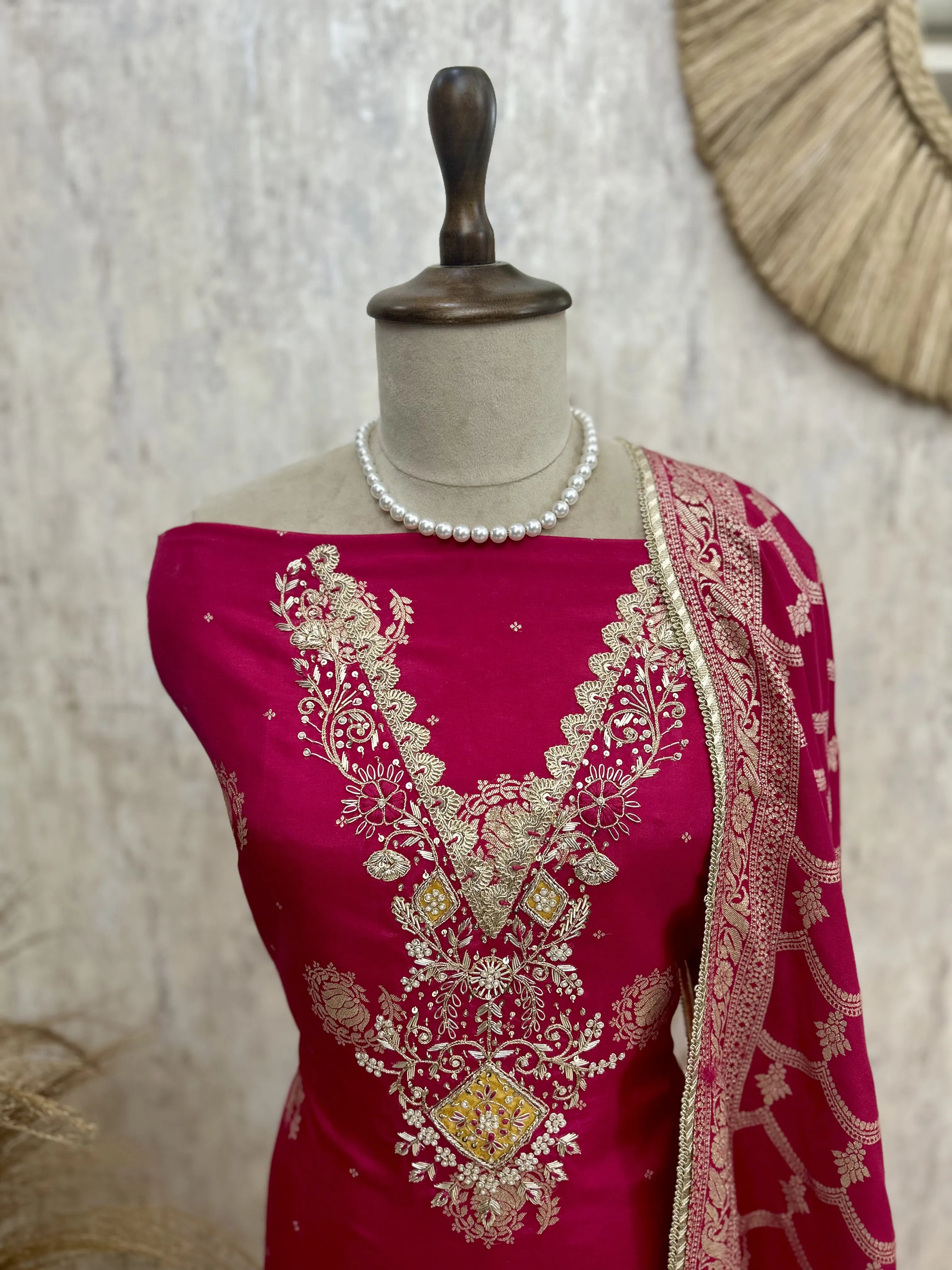 Dola Silk Unstitched Suit Set With Dola Silk Dupatta