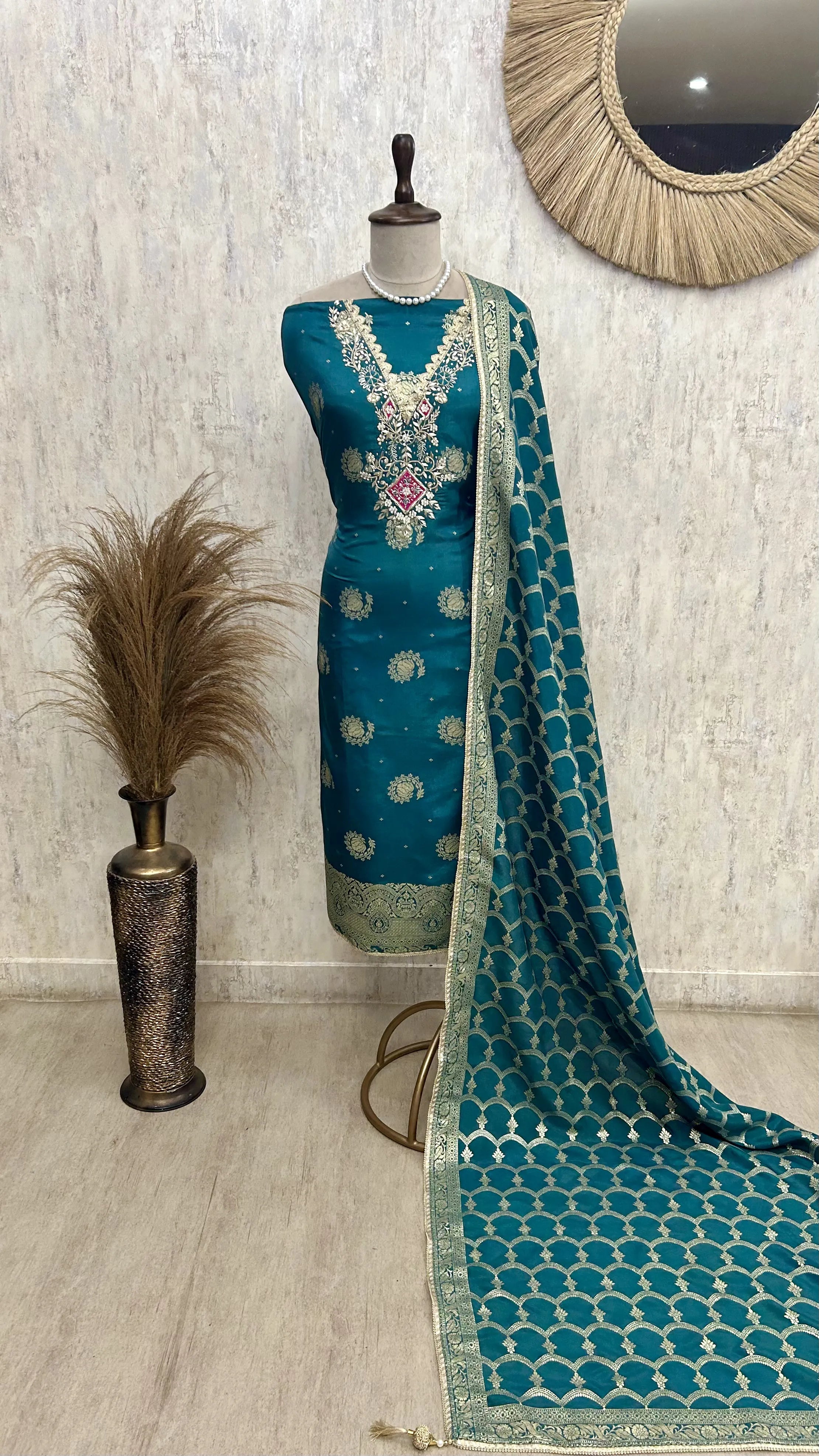 Dola Silk Unstitched Suit Set With Dola Silk Dupatta