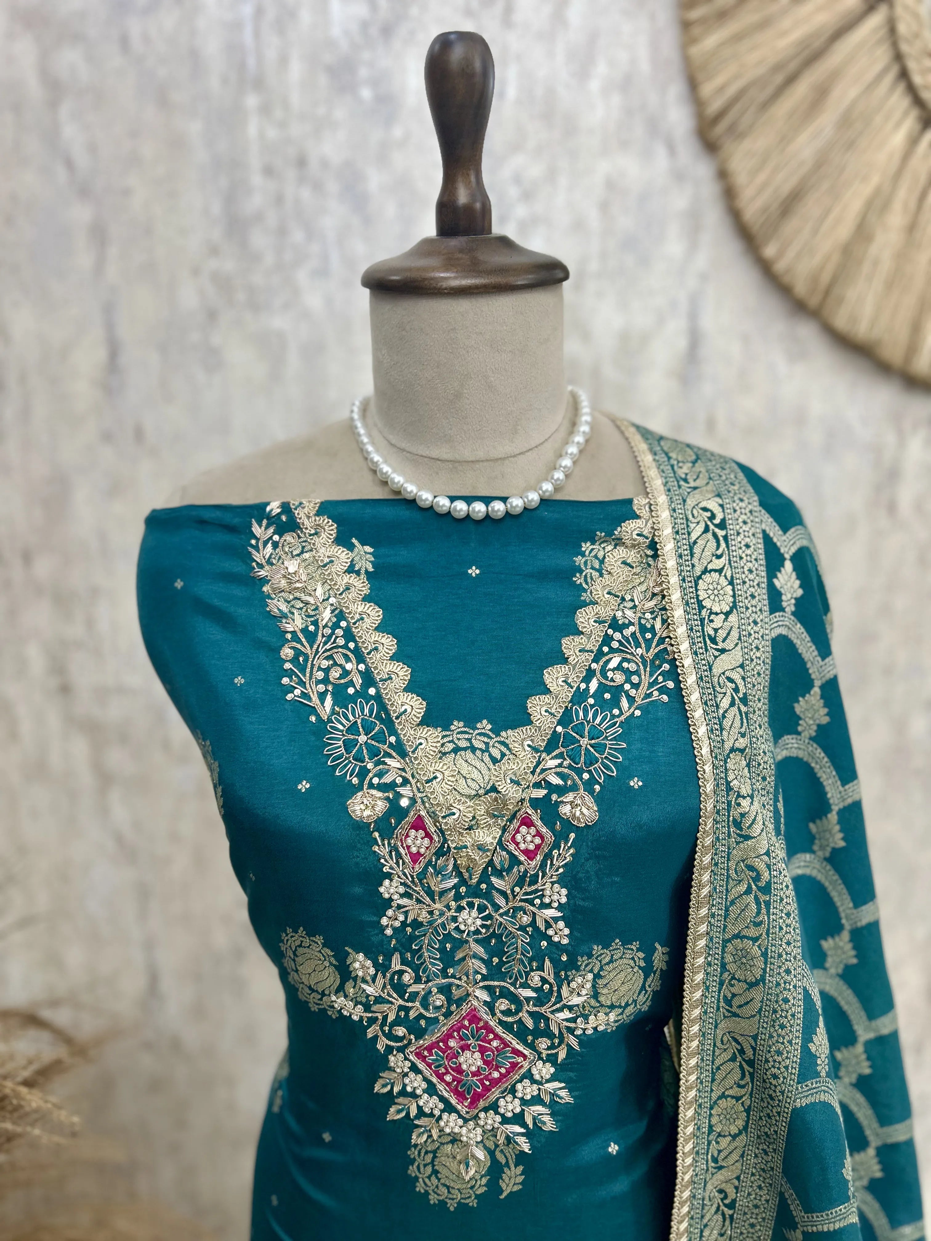 Dola Silk Unstitched Suit Set With Dola Silk Dupatta