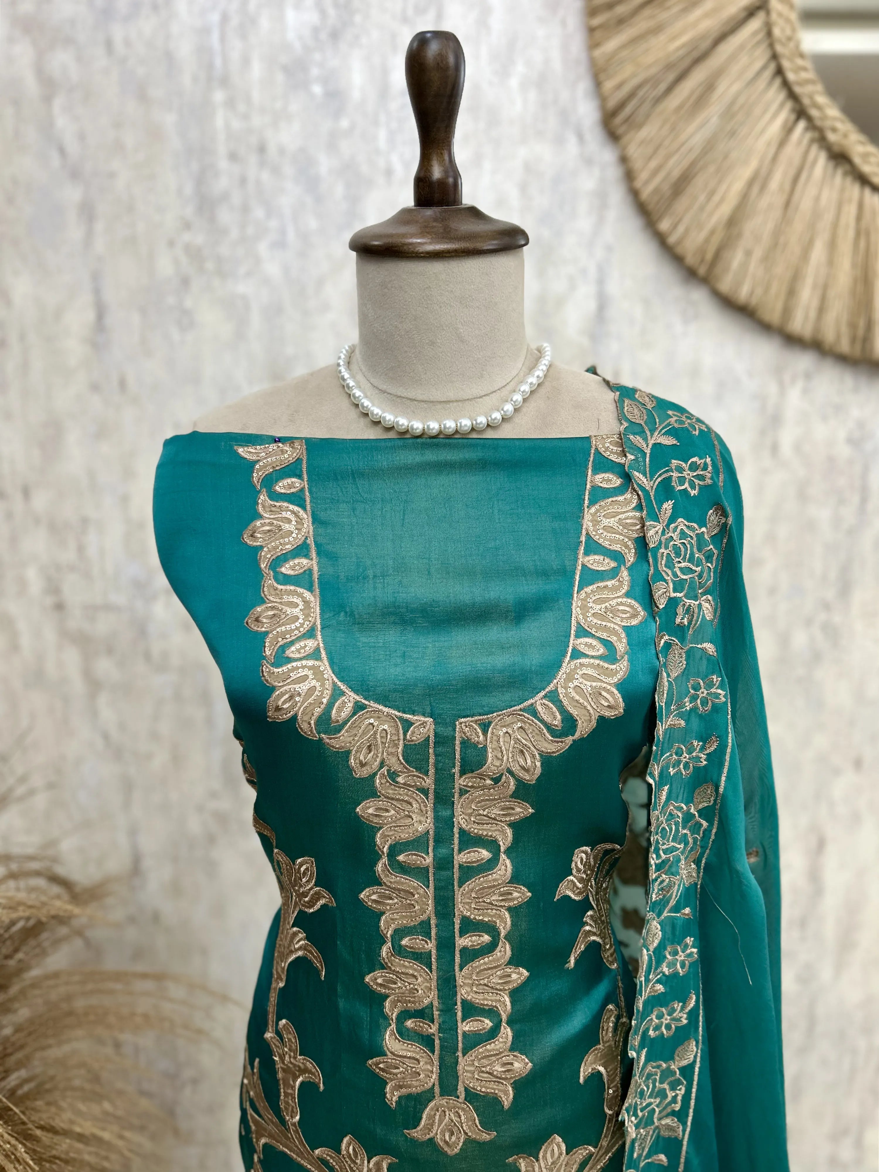 Satin Unstitched Suit Set With Organza Dupatta