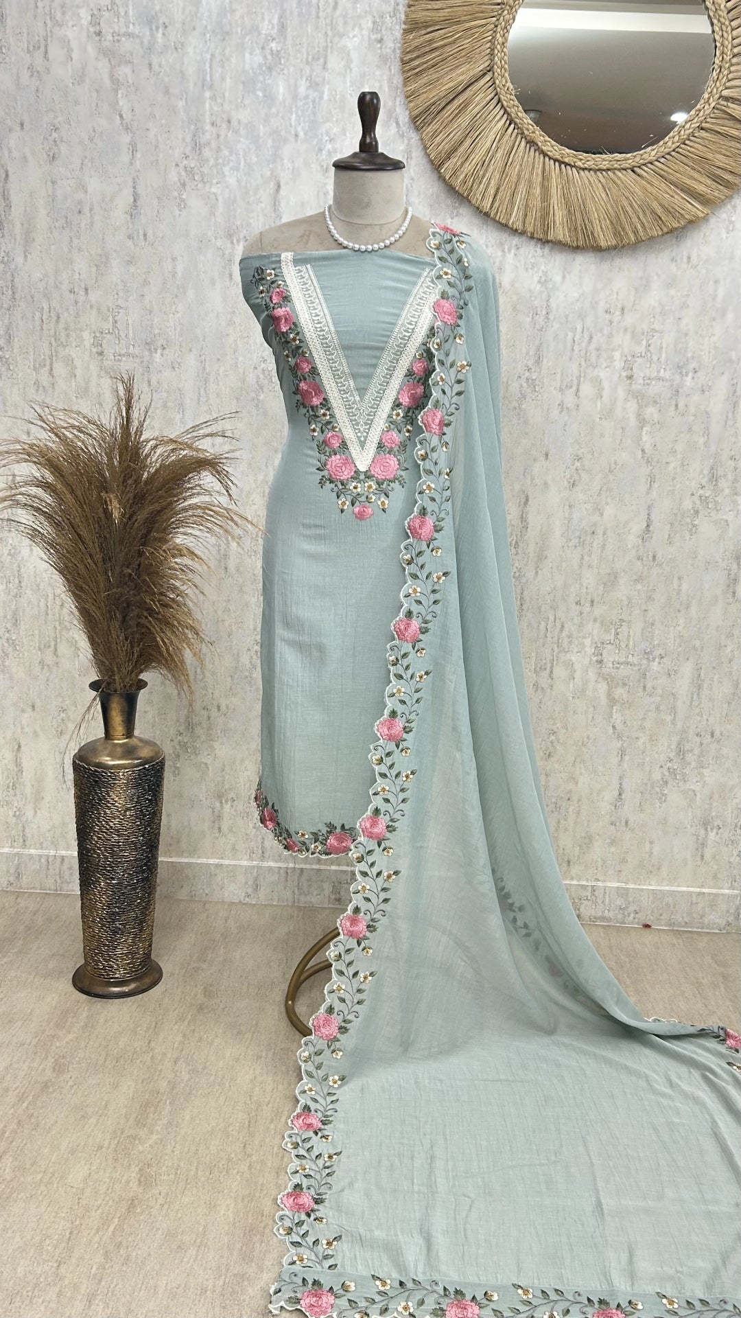 Thread Embroidered Mulmul Unstitched Suit Set