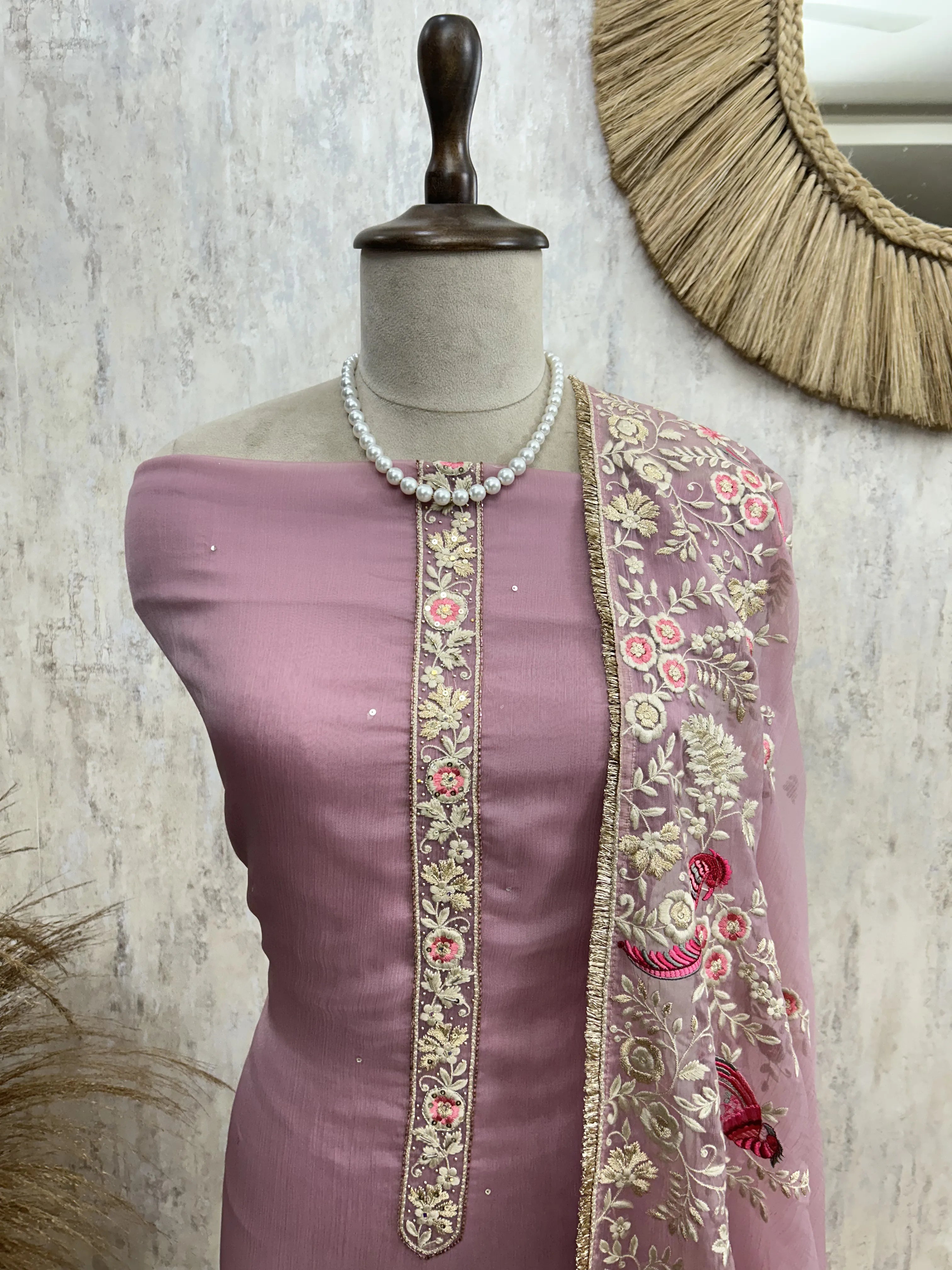 Chiffon Organza Unstitched Suit Set With Chiffon Organza Dupatta