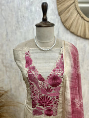 Tussar Silk Unstitched Suit Set With Tussar Silk Dupatta