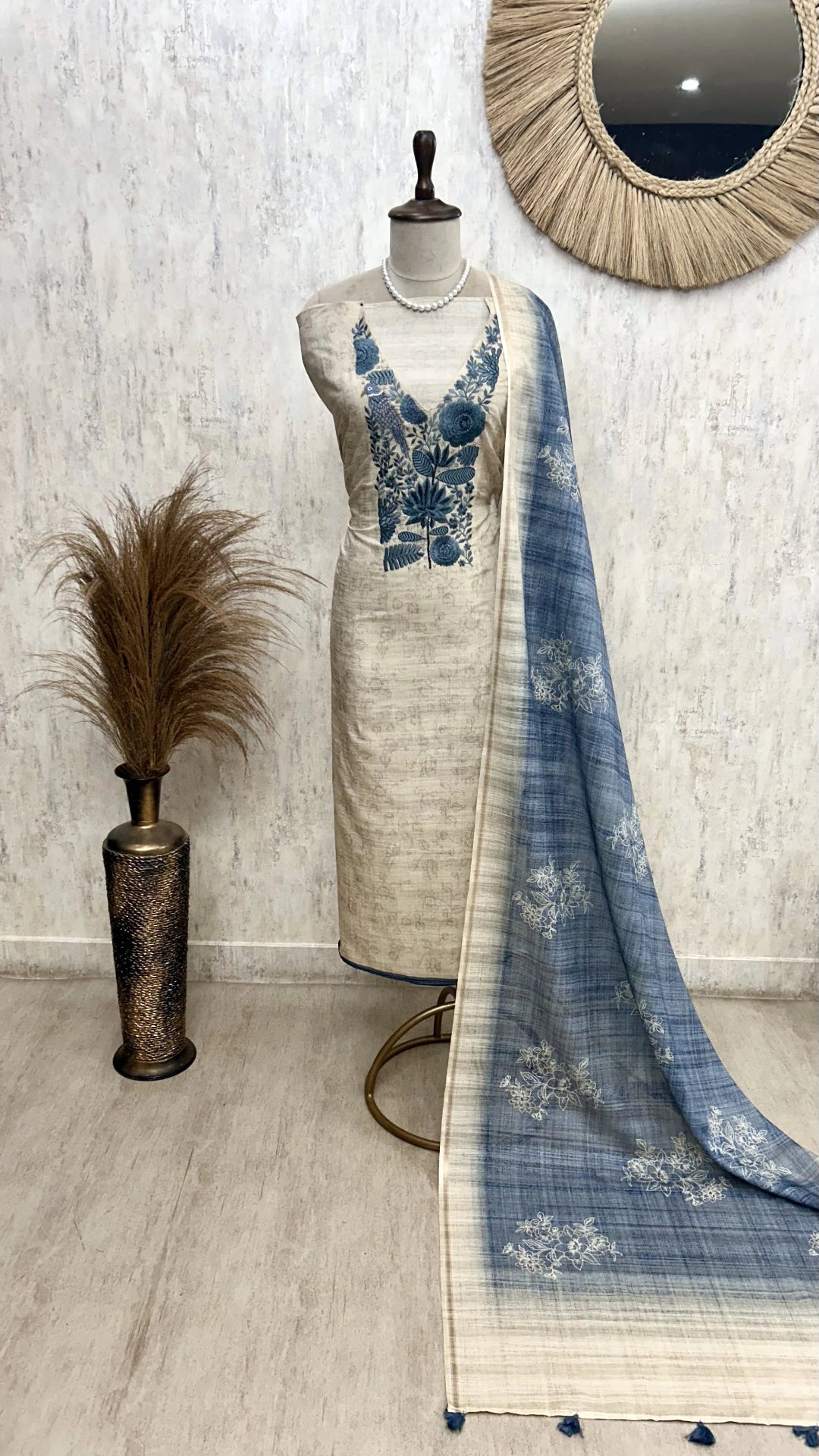 Tussar Silk Unstitched Suit Set With Tussar Silk Dupatta