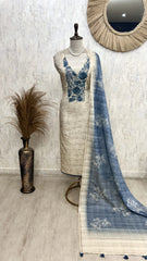 Tussar Silk Unstitched Suit Set With Tussar Silk Dupatta