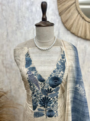 Tussar Silk Unstitched Suit Set With Tussar Silk Dupatta