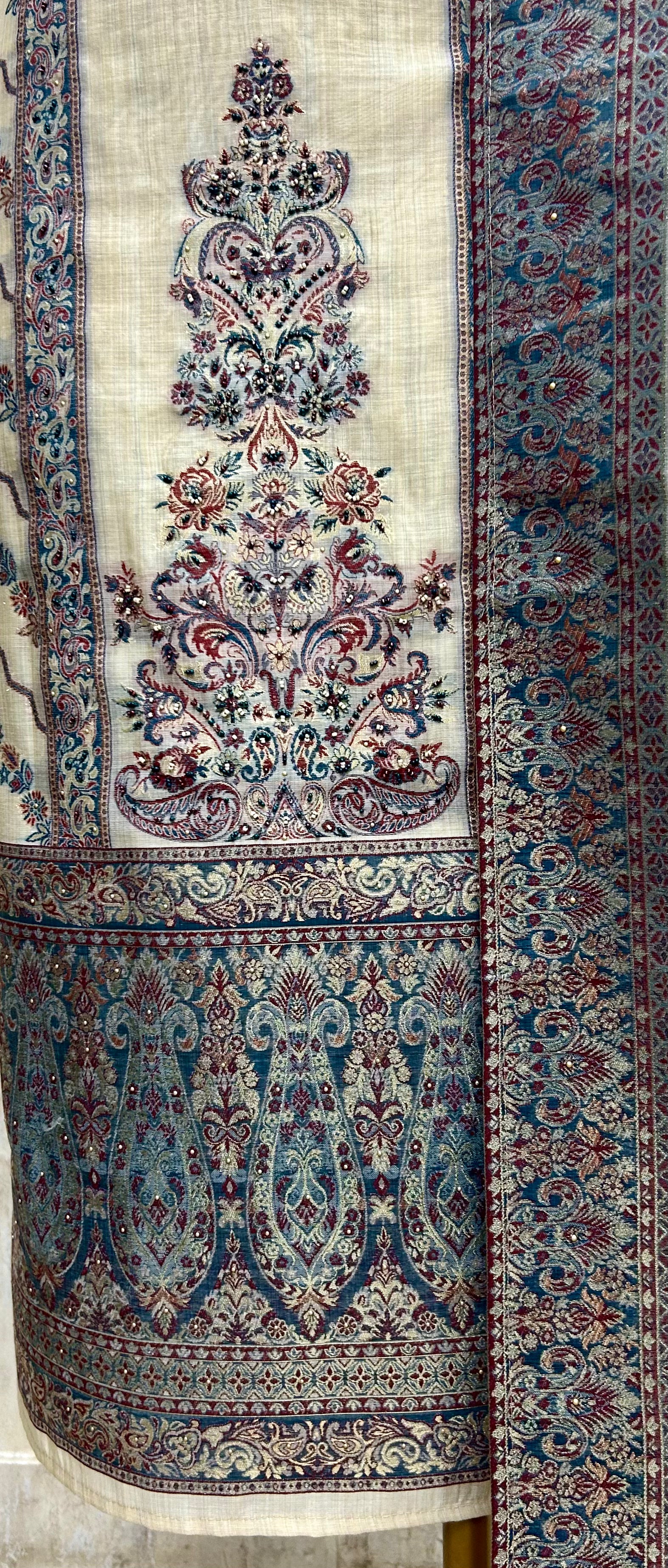 Linen Unstitched Suit Set With Linen Dupatta