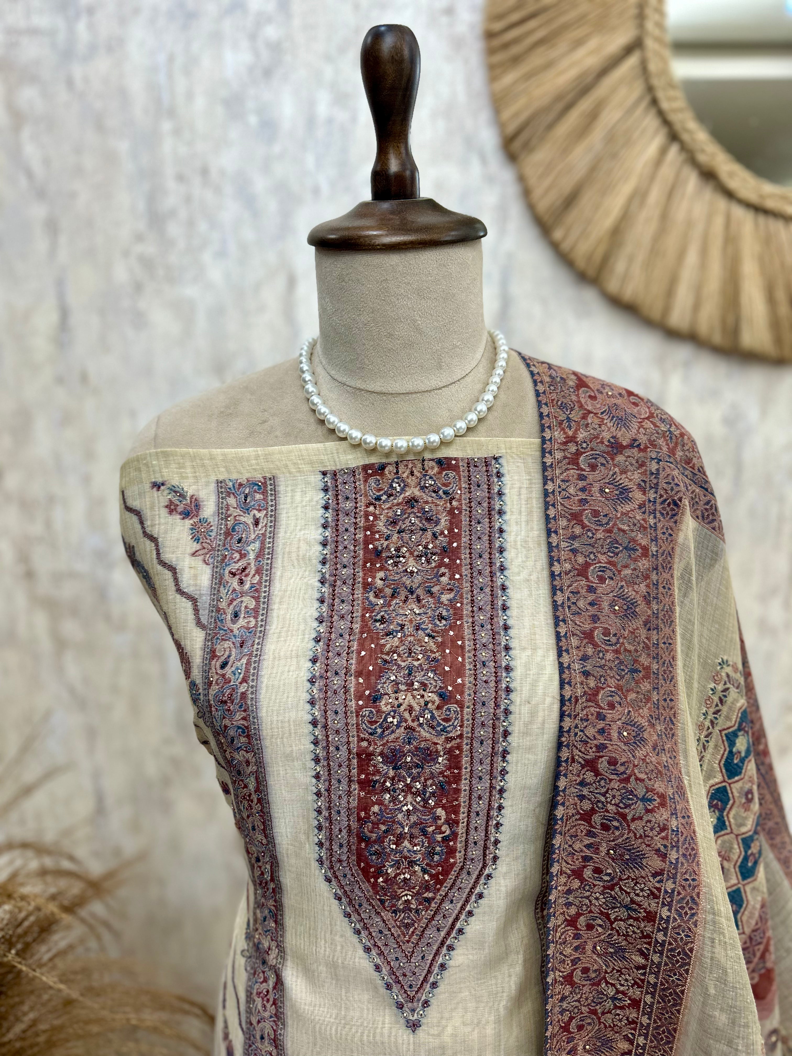 Linen Unstitched Suit Set With Linen Dupatta